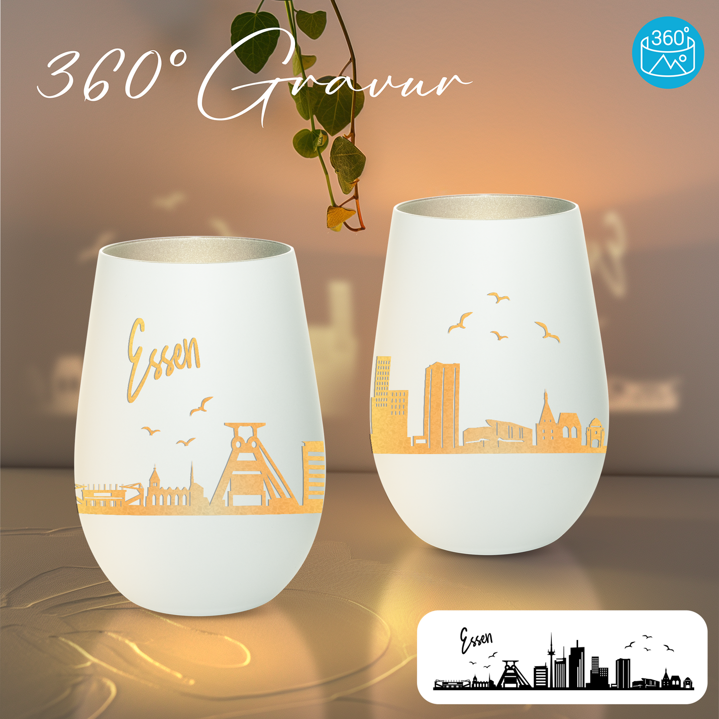 Hochwertiges Glas Windlicht mit Gravur "SKYLINE ESSEN" in der Farbe Weiß/Silber