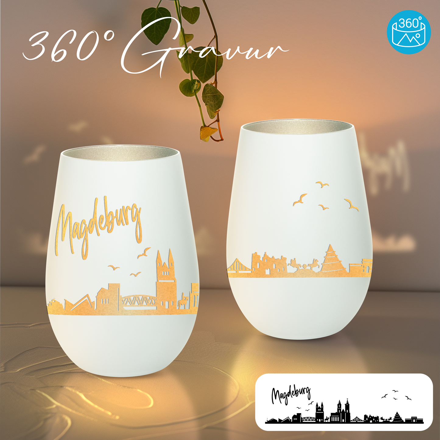 Hochwertiges Glas Windlicht mit Gravur "SKYLINE MAGDEBURG" in der Farbe Weiß/Silber