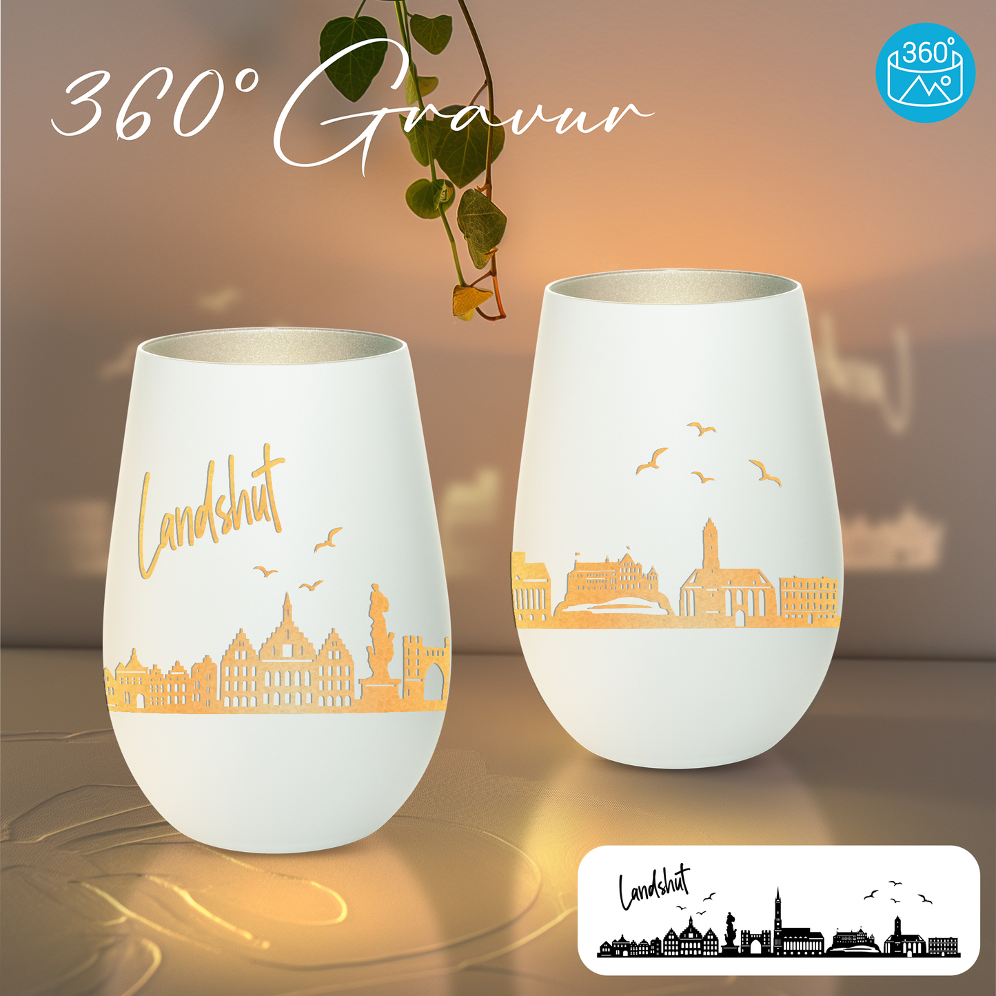 Hochwertiges Glas Windlicht mit Gravur "SKYLINE LANDSHUT" in der Farbe Weiß/Silber