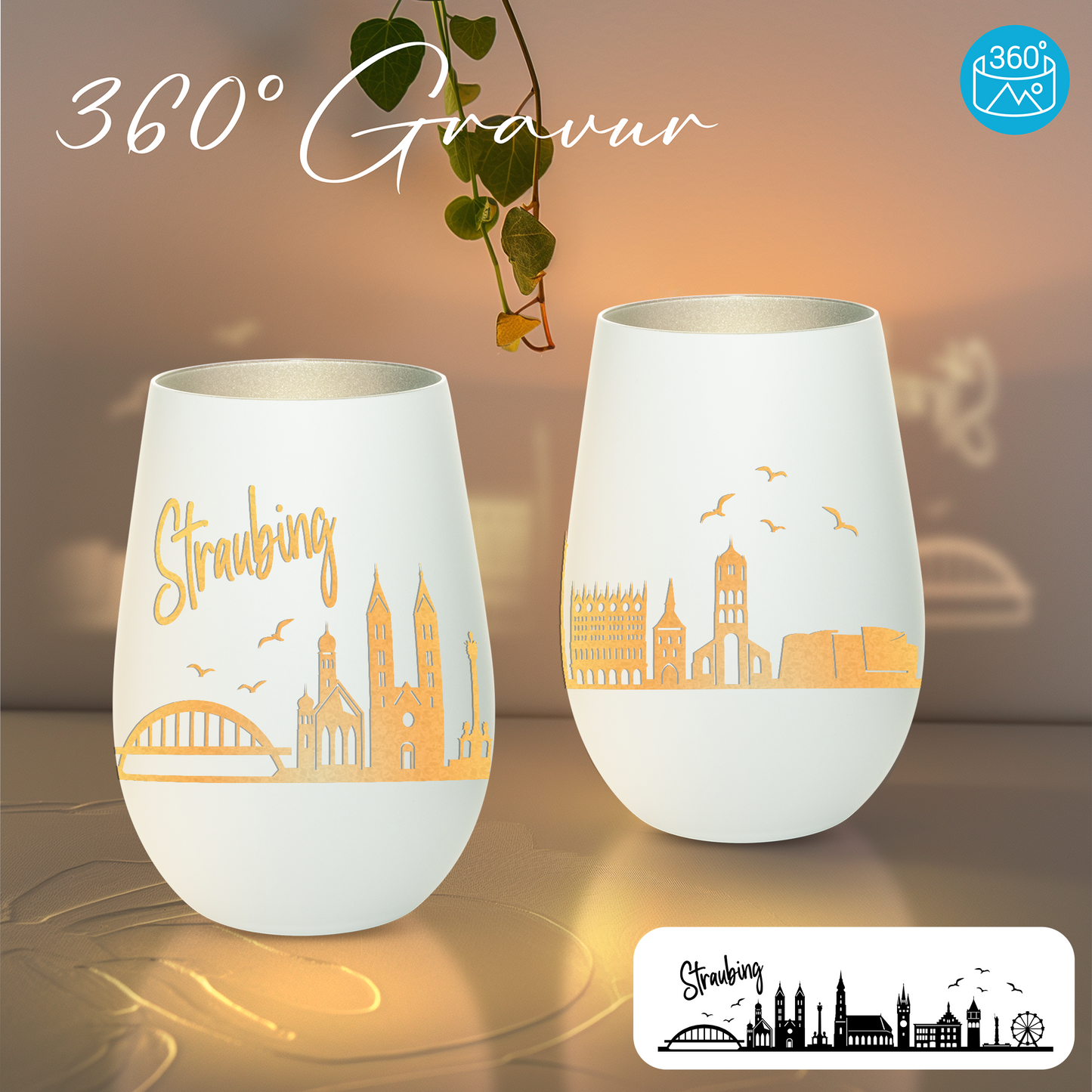 Hochwertiges Glas Windlicht mit Gravur "SKYLINE STRAUBING" in der Farbe Weiß/Silber