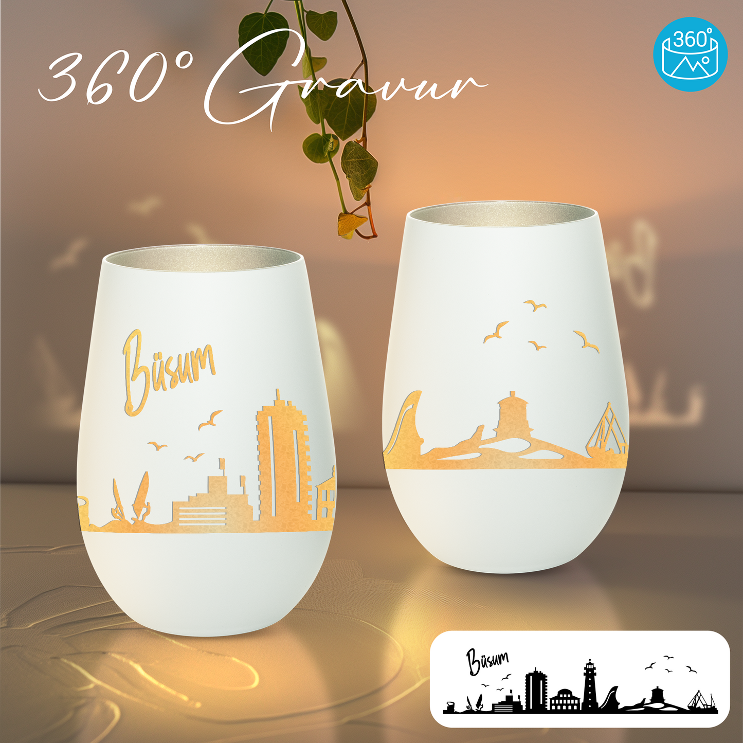 Hochwertiges Glas Windlicht mit Gravur "SKYLINE BÜSUM" in der Farbe Weiß/Silber