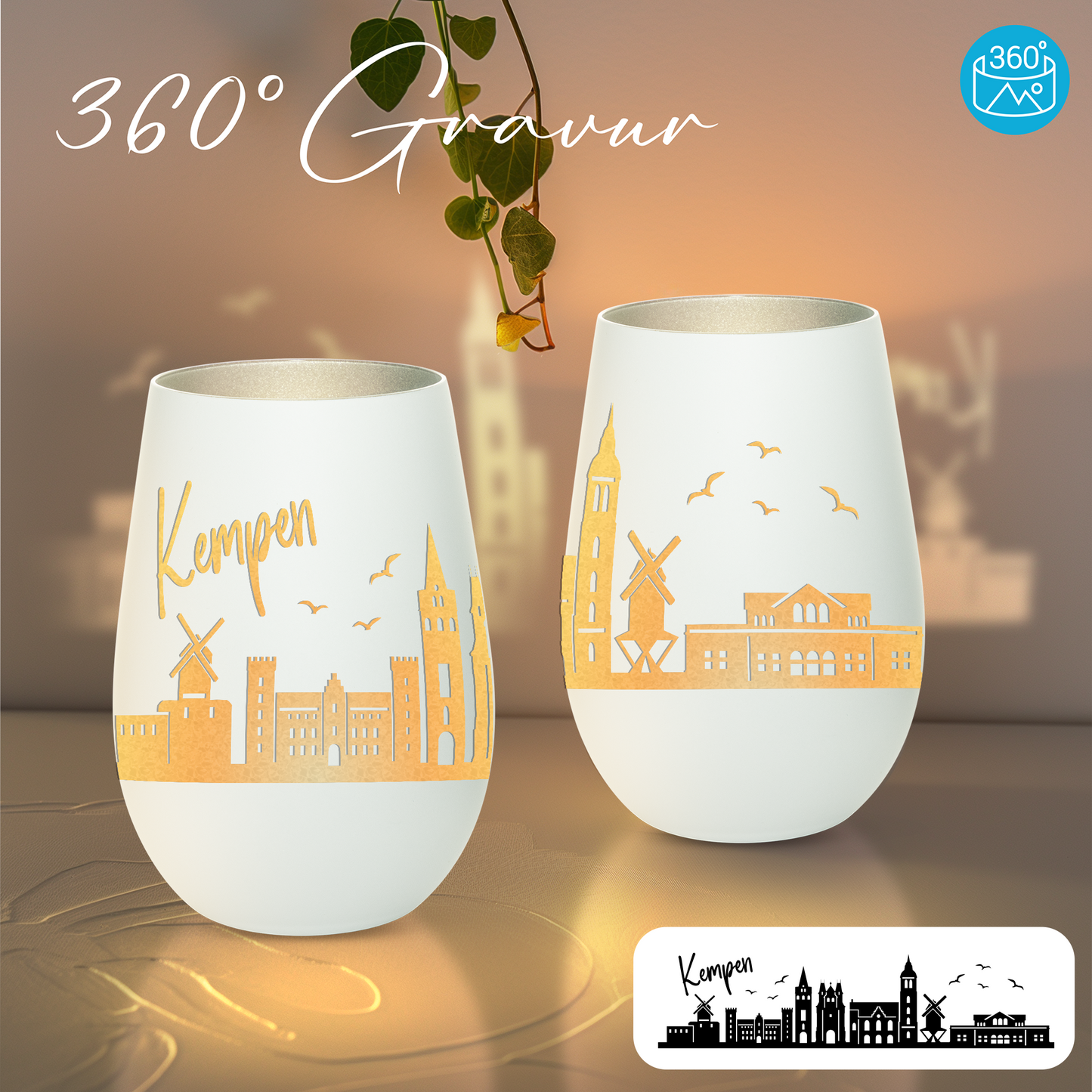 Hochwertiges Glas Windlicht mit Gravur "SKYLINE KEMPEN" in der Farbe Weiß/Silber