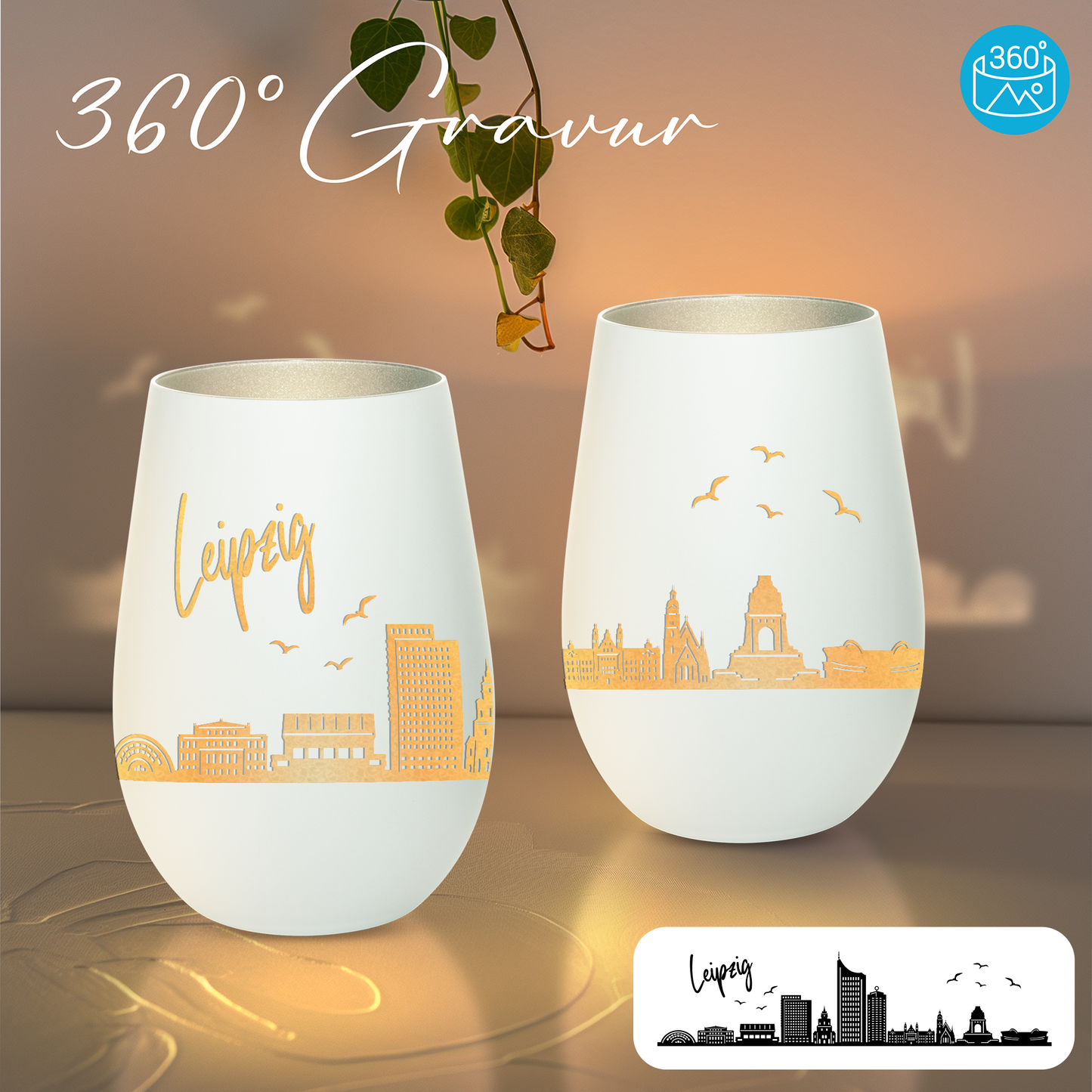 Hochwertiges Glas Windlicht mit Gravur "SKYLINE LEIPZIG" in der Farbe Weiß/Silber