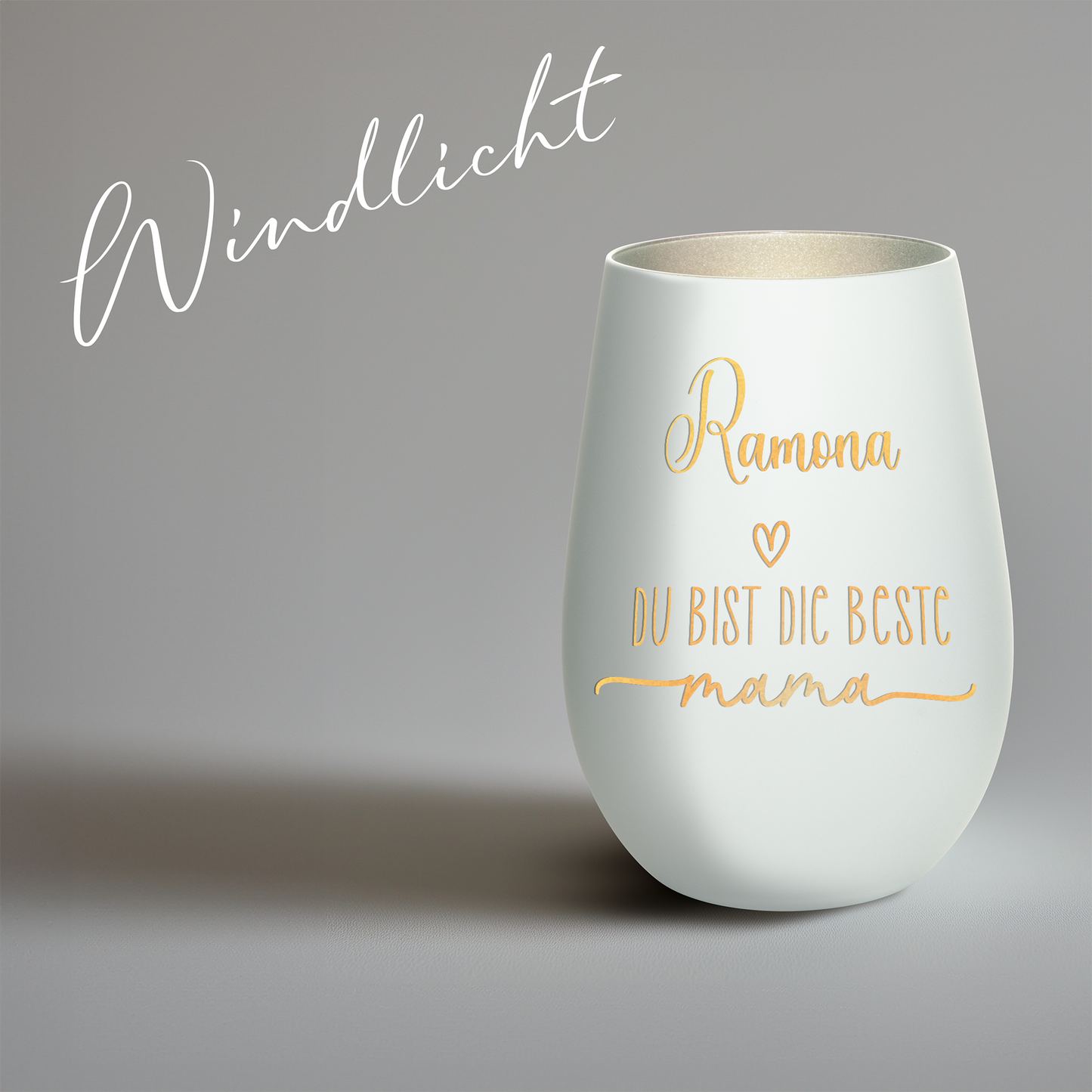 Hochwertiges Glas Windlicht mit Gravur "DIE BESTE MAMA" mit Wunschname in der Farbe Weiß/Silber