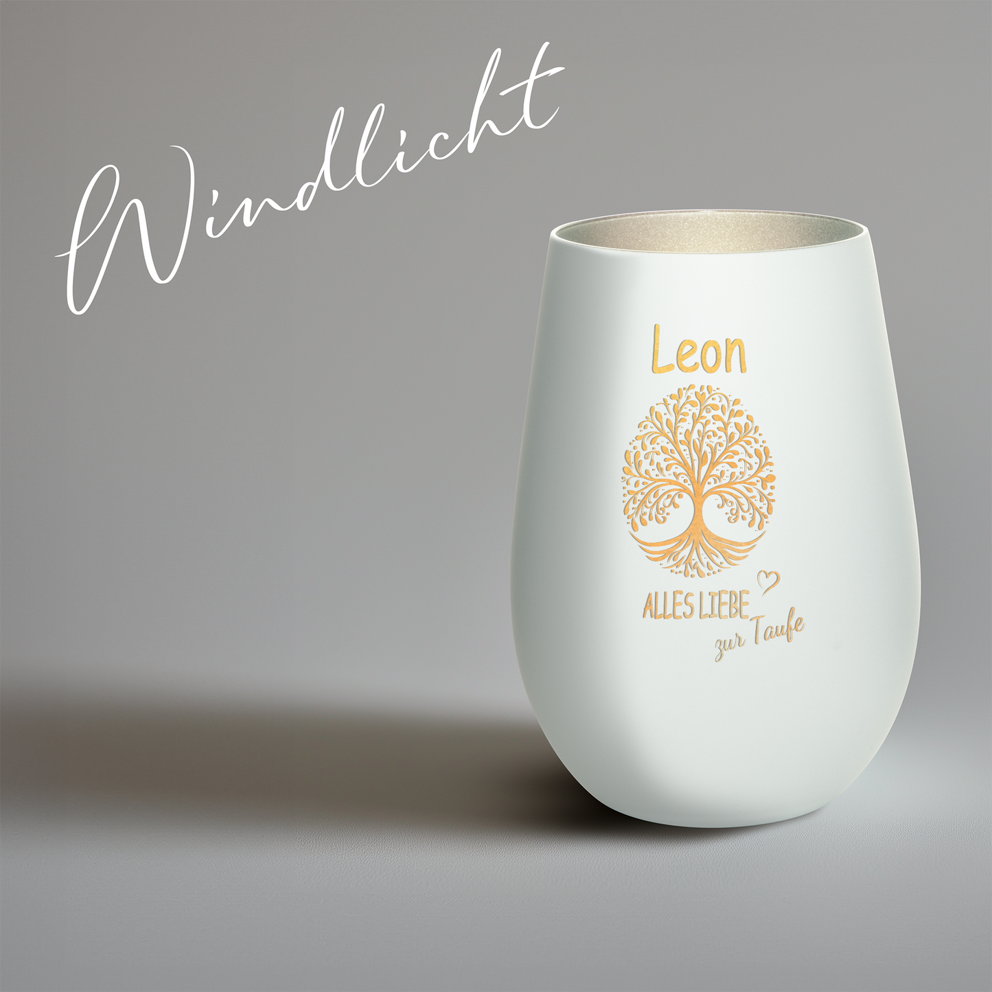 Hochwertiges Glas Windlicht mit Gravur "ALLES LIEBE ZUR TAUFE" mit Wunschname in der Farbe Weiß/Silber