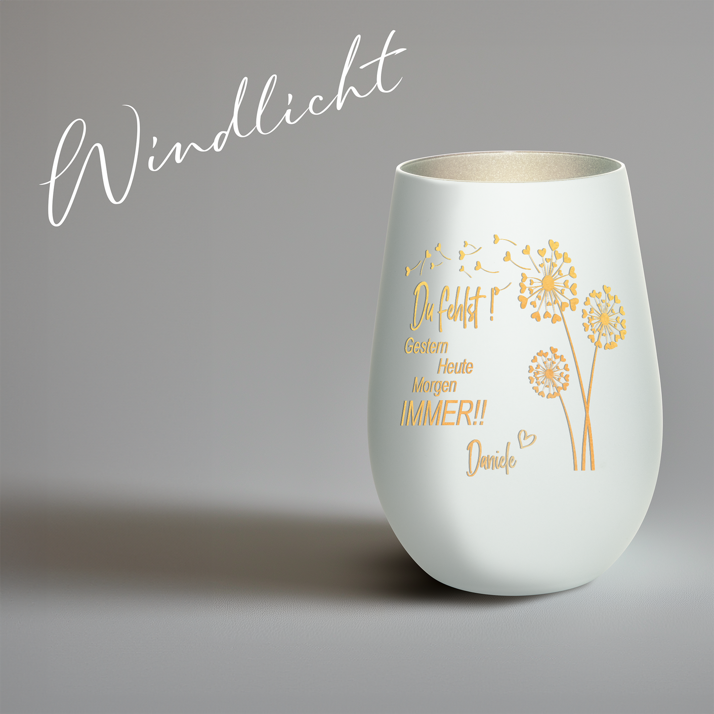 Hochwertiges Glas Windlicht mit Gravur als Trauerlicht "DU FEHLST! GESTERN HEUTE MORGEN IMMER" mit Wunschname in der Farbe Weiß/Silber