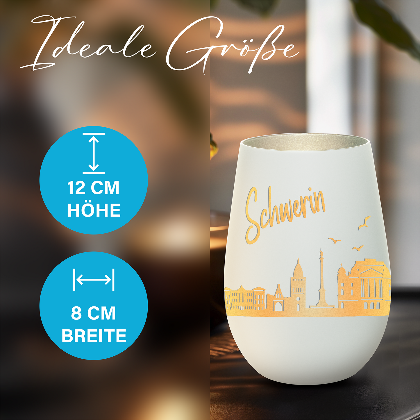 Hochwertiges Glas Windlicht mit Gravur "SKYLINE SCHWERIN" in der Farbe Weiß/Silber