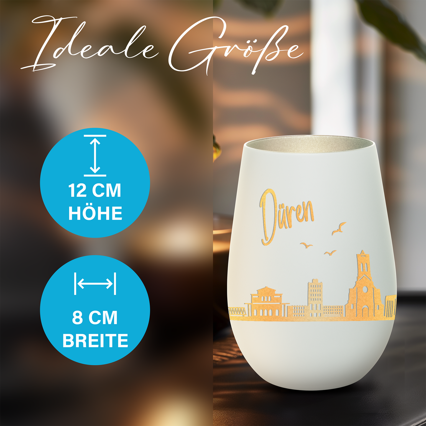 Hochwertiges Glas Windlicht mit Gravur "SKYLINE DÜREN" in der Farbe Weiß/Silber