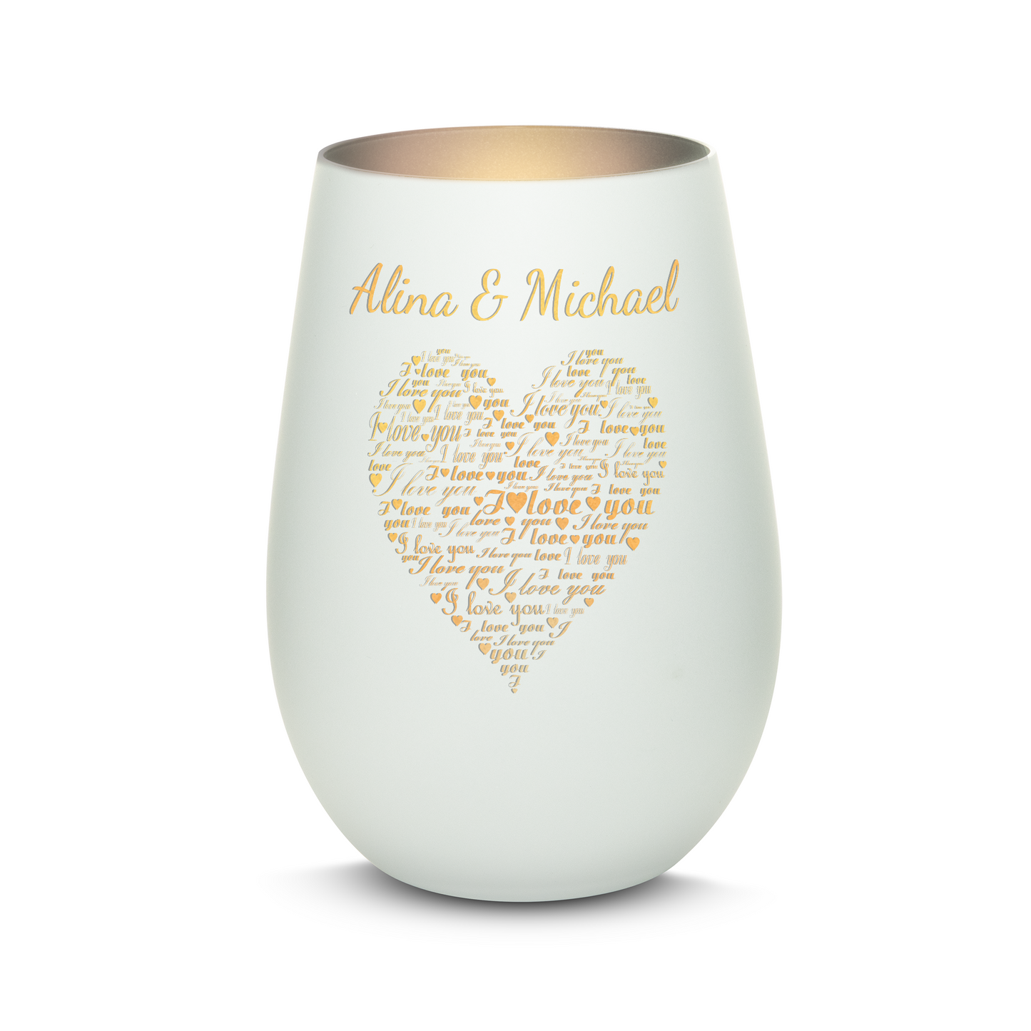 Hochwertiges Glas Windlicht mit Gravur "I LOVE YOU" mit Wunschnamen in der Farbe Weiß/Silber