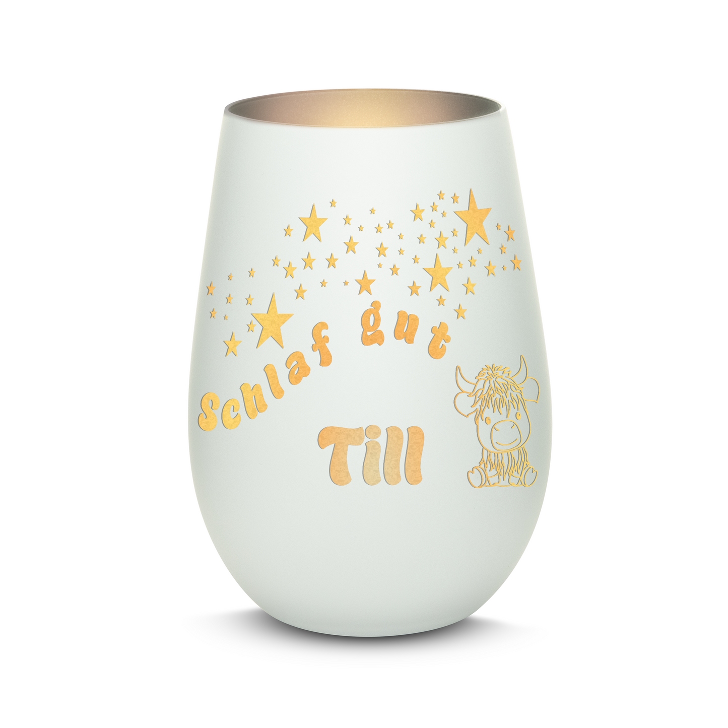 Hochwertiges Glas Windlicht für Kinder mit Gravur "SCHLAF GUT" Motiv Bison mit Wunschname in der Farbe Weiß/Silber
