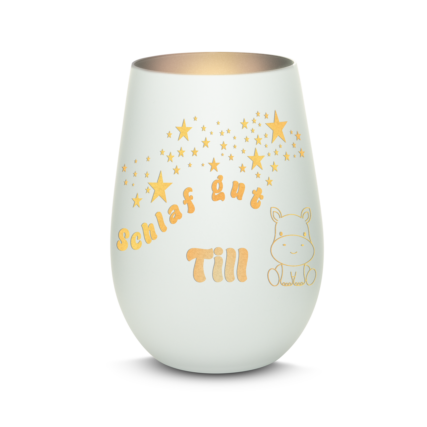 Hochwertiges Glas Windlicht für Kinder mit Gravur "SCHLAF GUT" Motiv Nilpferd mit Wunschname in der Farbe Weiß/Silber