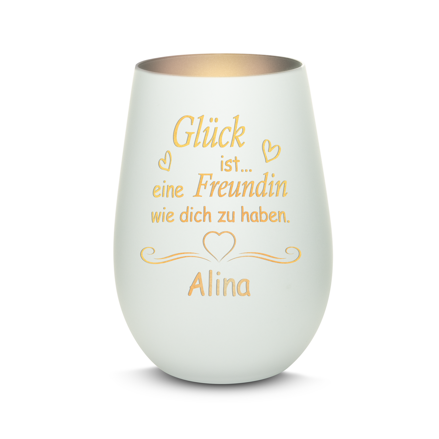Hochwertiges Glas Windlicht mit Gravur "GLÜCK IST EINE FREUNDIN WIE DICH ZU HABEN" mit Wunschname in der Farbe Weiß/Silber
