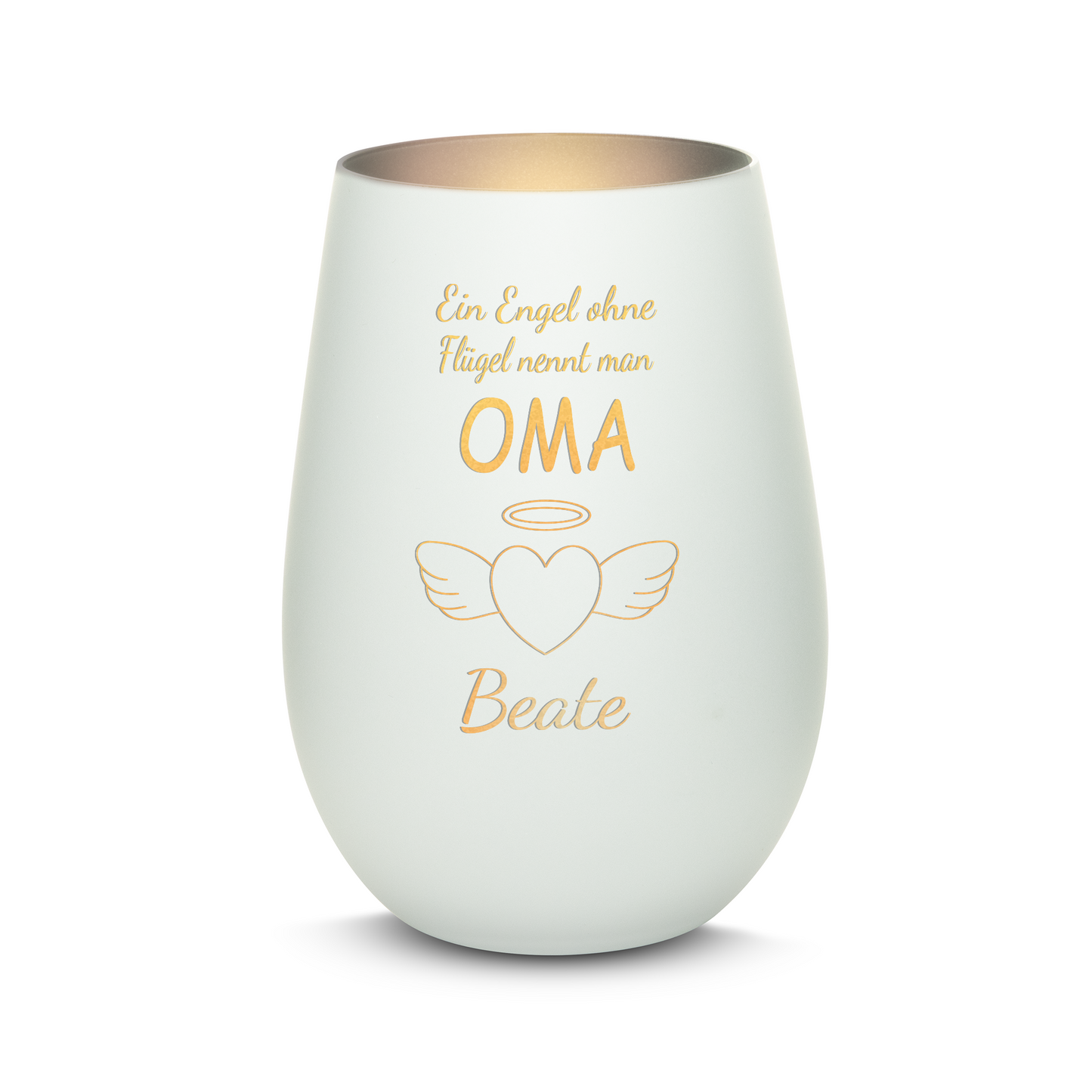 Hochwertiges Glas Windlicht mit Gravur "EIN ENGEL OHNE FLÜGEL NENNT MAN OMA" mit Wunschname in der Farbe Weiß/Silber
