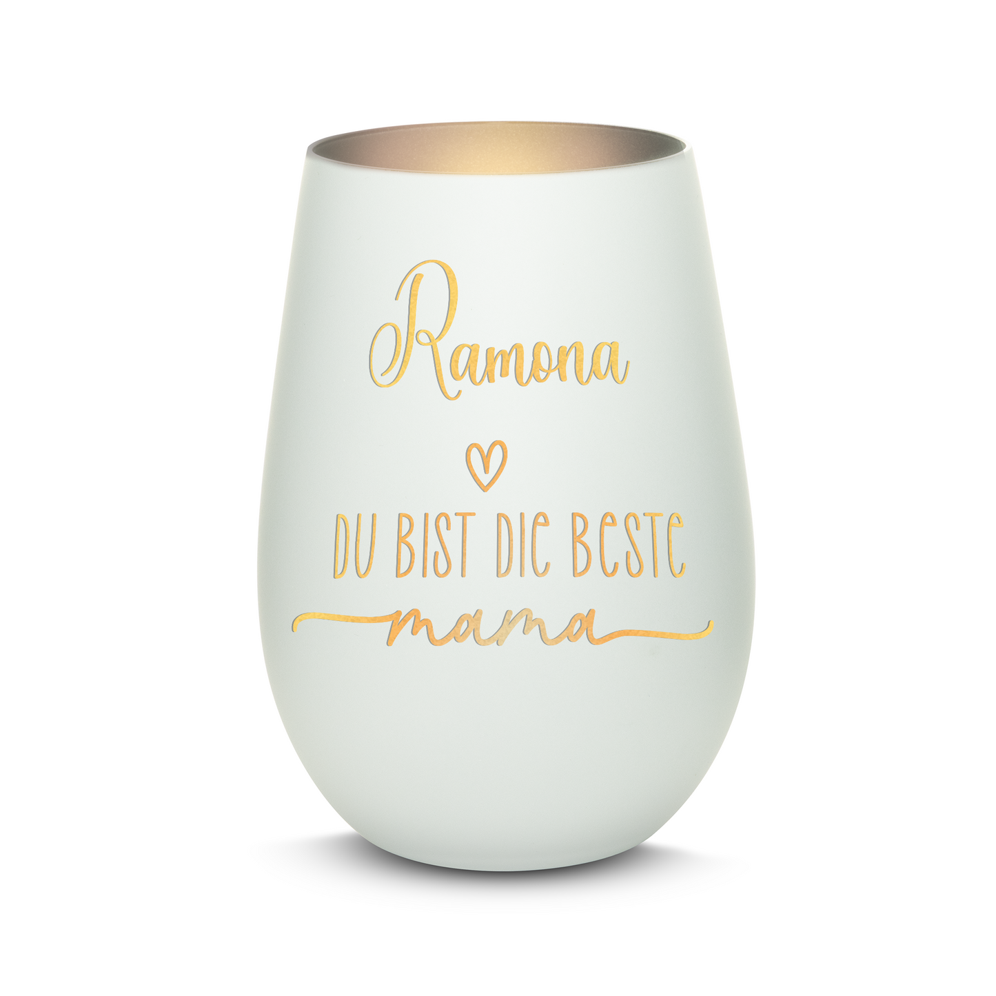 Hochwertiges Glas Windlicht mit Gravur "DIE BESTE MAMA" mit Wunschname in der Farbe Weiß/Silber