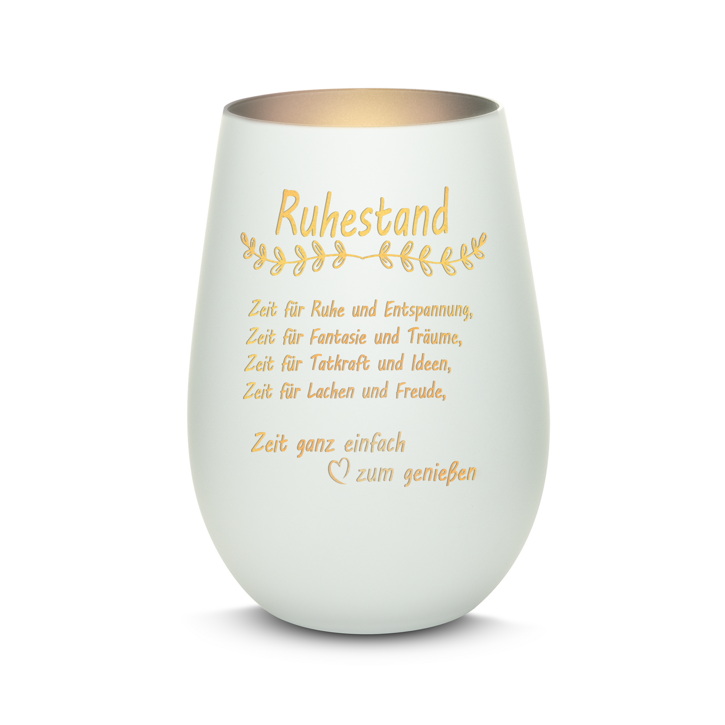 Hochwertiges Glas Windlicht mit Gravur "ALLES GUTE ZUM RUHESTAND" in der Farbe Weiß/Silber