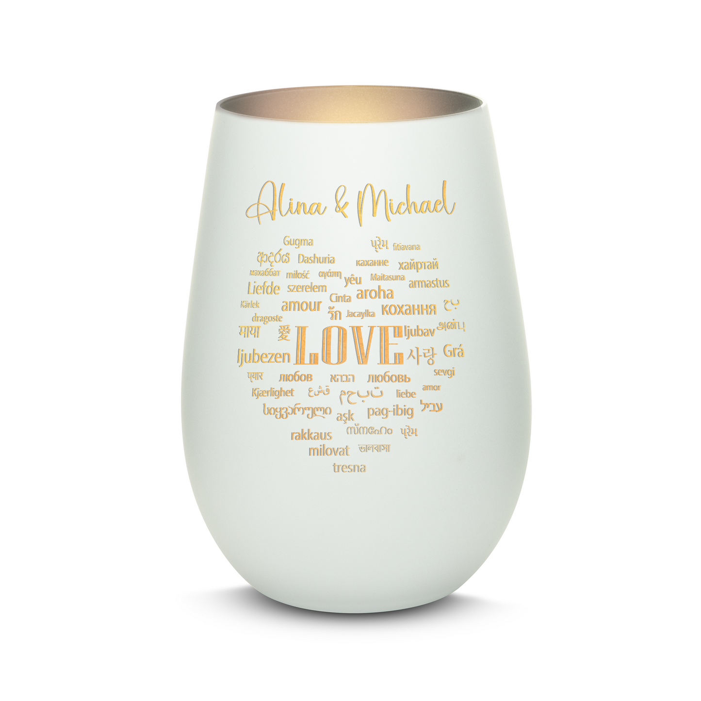 Hochwertiges Glas Windlicht mit Gravur "LIEBE IN ALLEN SPRACHEN" mit Wunschnamen in der Farbe Weiß/Silber