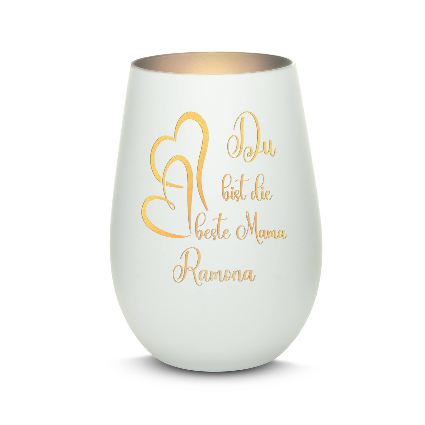 Hochwertiges Glas Windlicht mit Gravur "DU BIST DIE BESTE MAMA" mit Wunschname in der Farbe Weiß/Silber