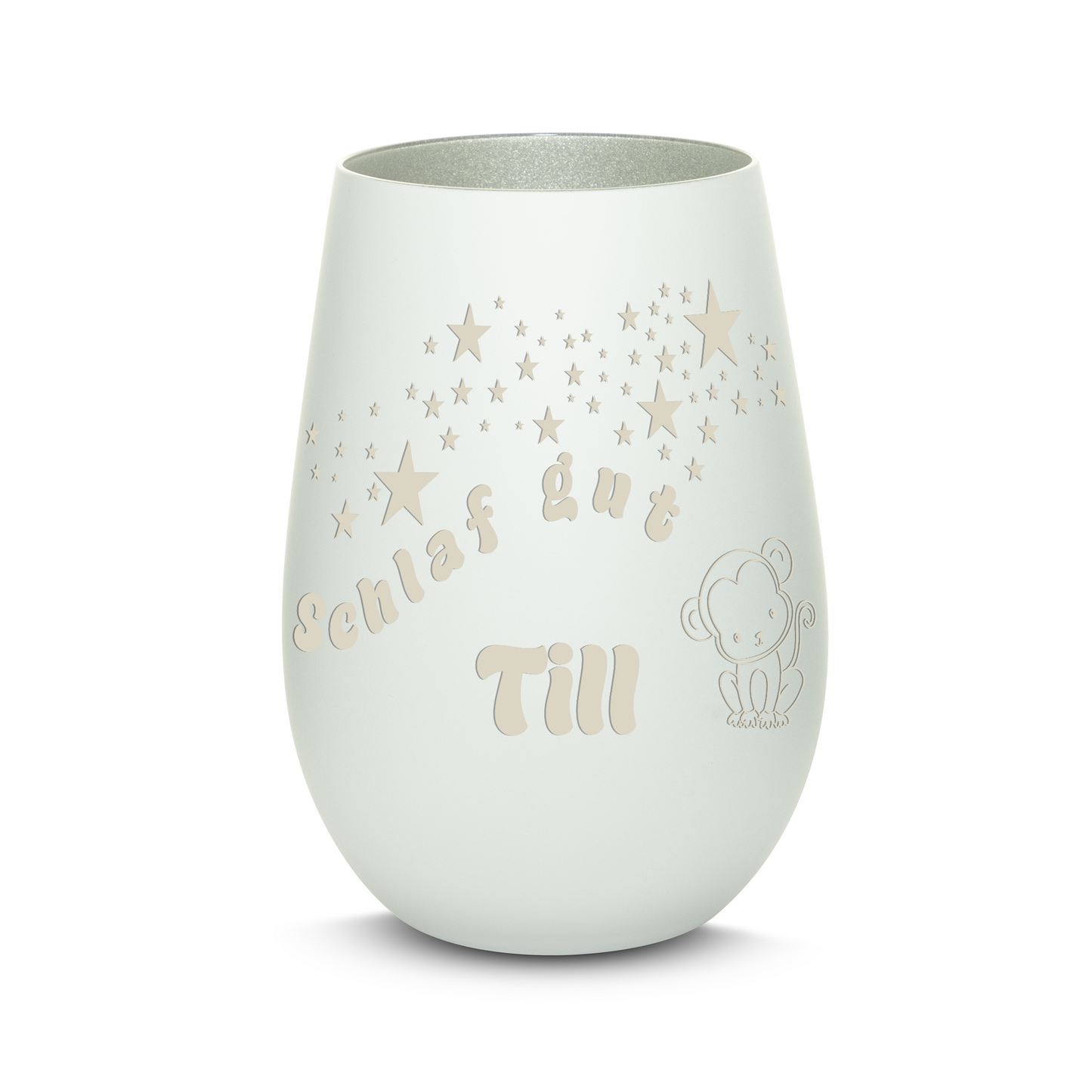 Hochwertiges Glas Windlicht für Kinder mit Gravur "SCHLAF GUT" Motiv Affe mit Wunschname in der Farbe Weiß/Silber