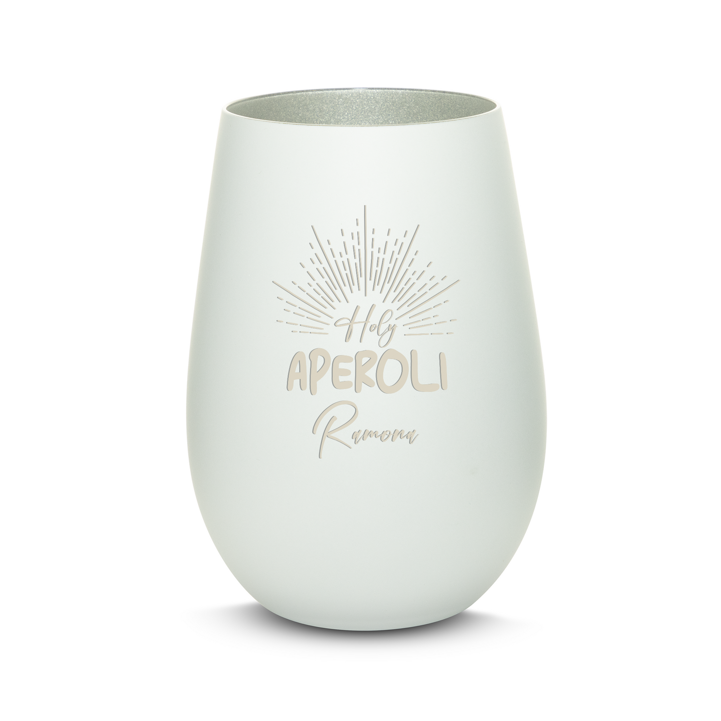 Hochwertiges Glas Windlicht mit Gravur "HOLY APEROLI" mit Wunschname in der Farbe Weiß/Silber