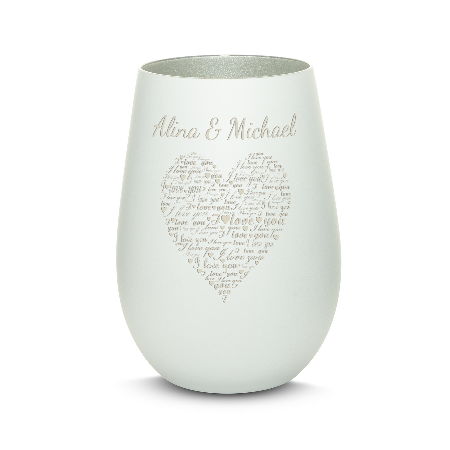 Hochwertiges Glas Windlicht mit Gravur "I LOVE YOU" mit Wunschnamen in der Farbe Weiß/Silber