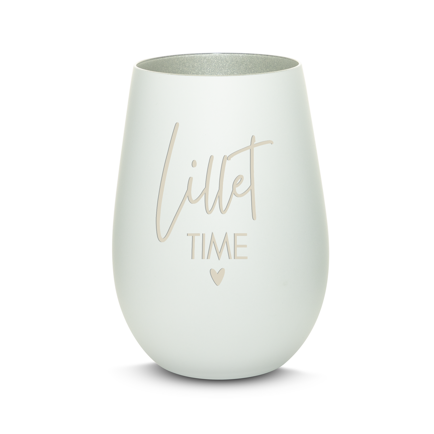 Hochwertiges Glas Windlicht mit Gravur "LILLET TIME" in der Farbe Weiß/Silber