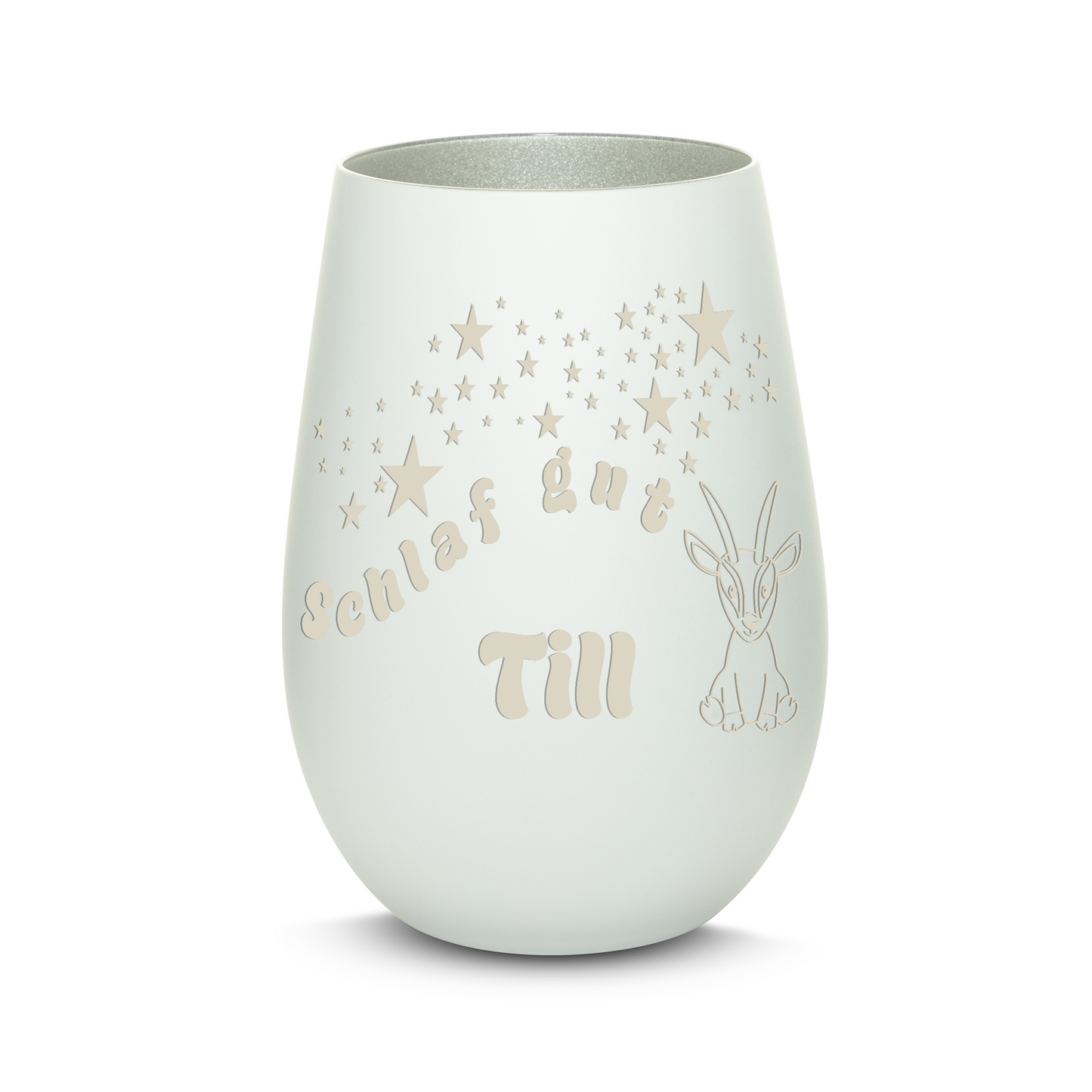 Hochwertiges Glas Windlicht für Kinder mit Gravur "SCHLAF GUT" Motiv Antilope mit Wunschname in der Farbe Weiß/Silber