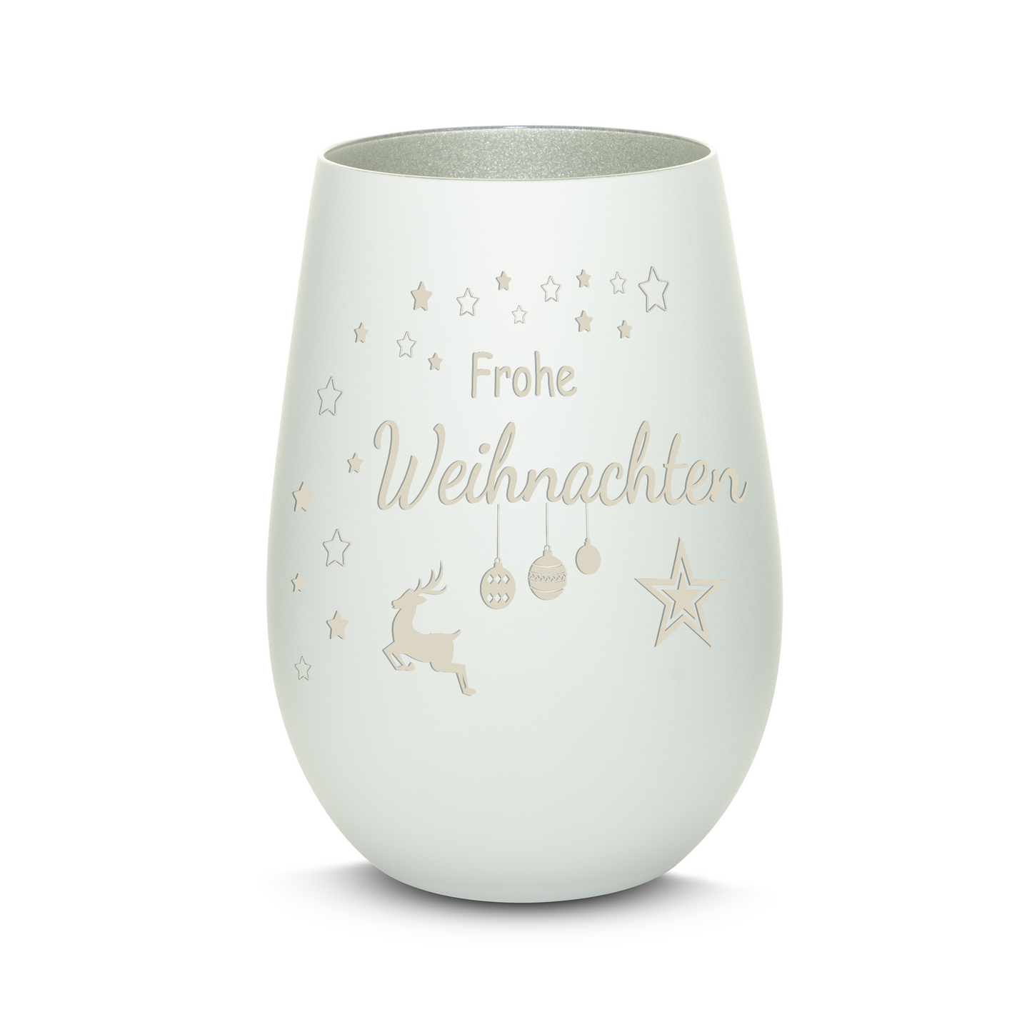 Hochwertiges Glas Windlicht mit Gravur "FROHE WEIHNACHTEN" in der Farbe Weiß/Silber
