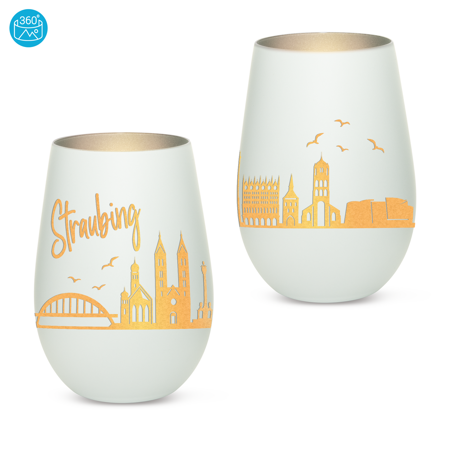 Hochwertiges Glas Windlicht mit Gravur "SKYLINE STRAUBING" in der Farbe Weiß/Silber