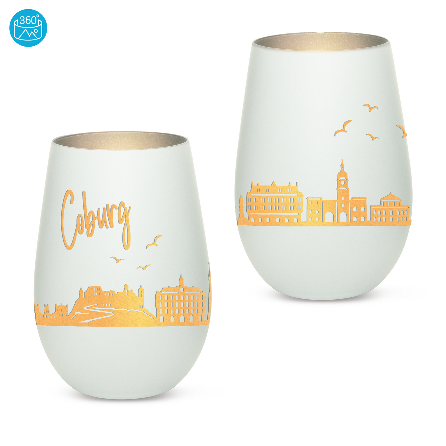 Hochwertiges Glas Windlicht mit Gravur "SKYLINE COBURG" in der Farbe Weiß/Silber