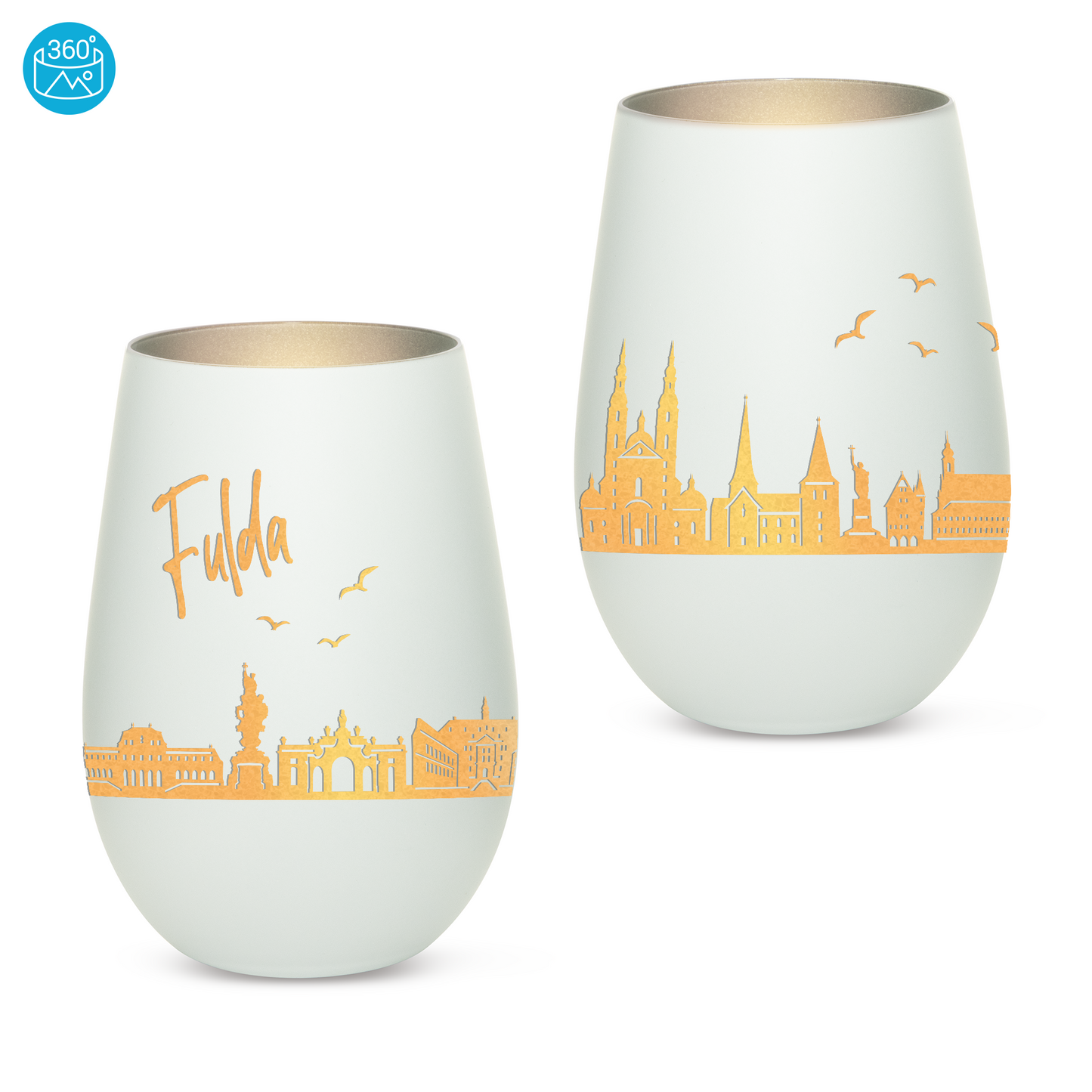 Hochwertiges Glas Windlicht mit Gravur "SKYLINE FULDA" in der Farbe Weiß/Silber