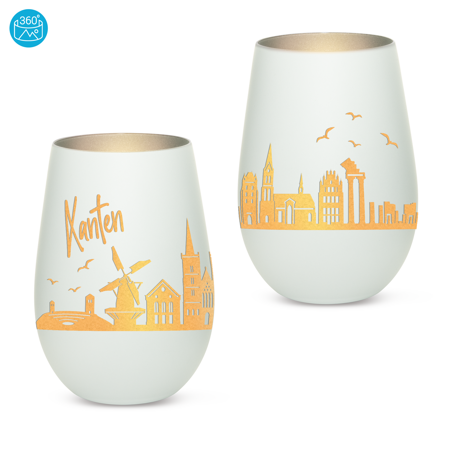 Hochwertiges Glas Windlicht mit Gravur "SKYLINE XANTEN" in der Farbe Weiß/Silber