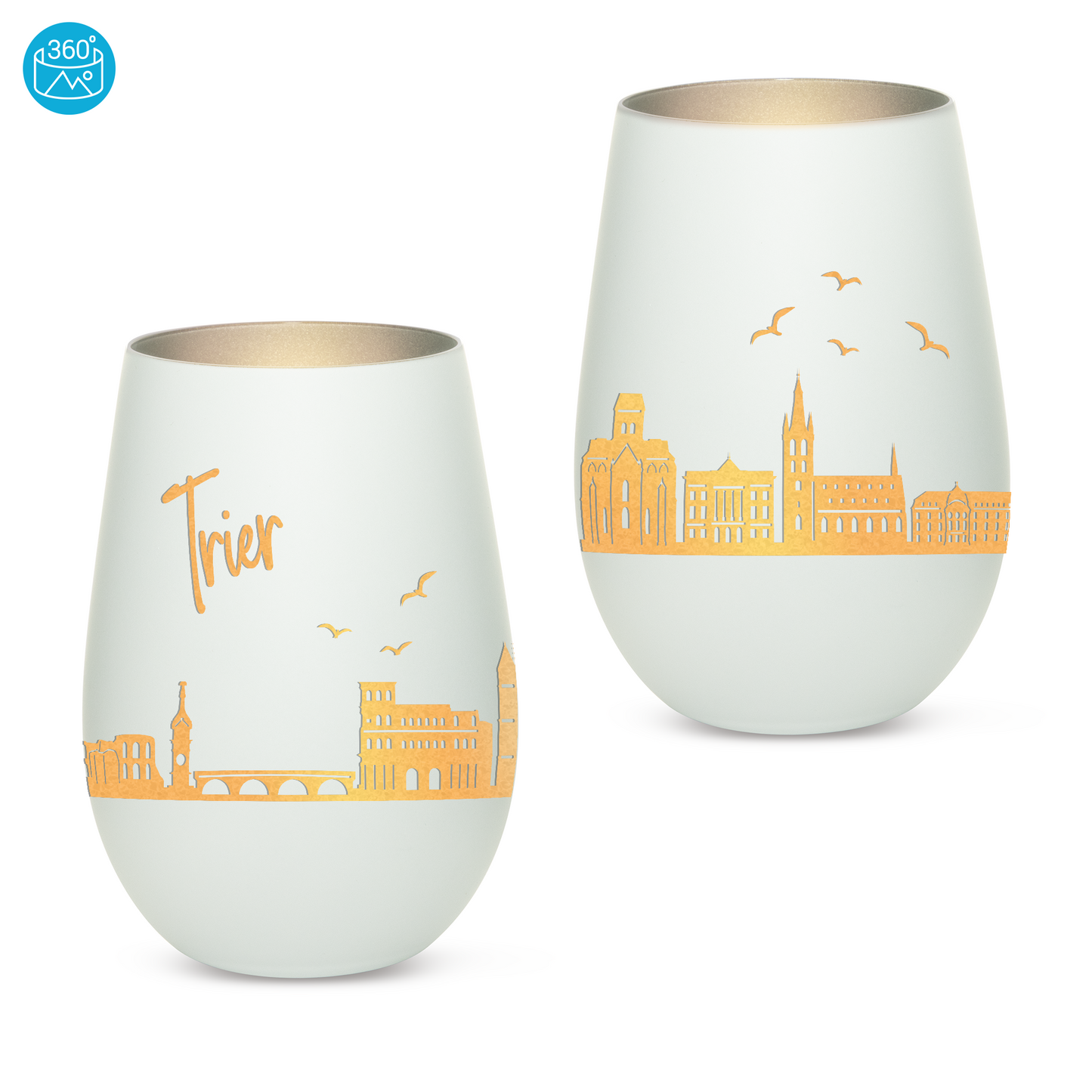 Hochwertiges Glas Windlicht mit Gravur "SKYLINE TRIER" in der Farbe Weiß/Silber