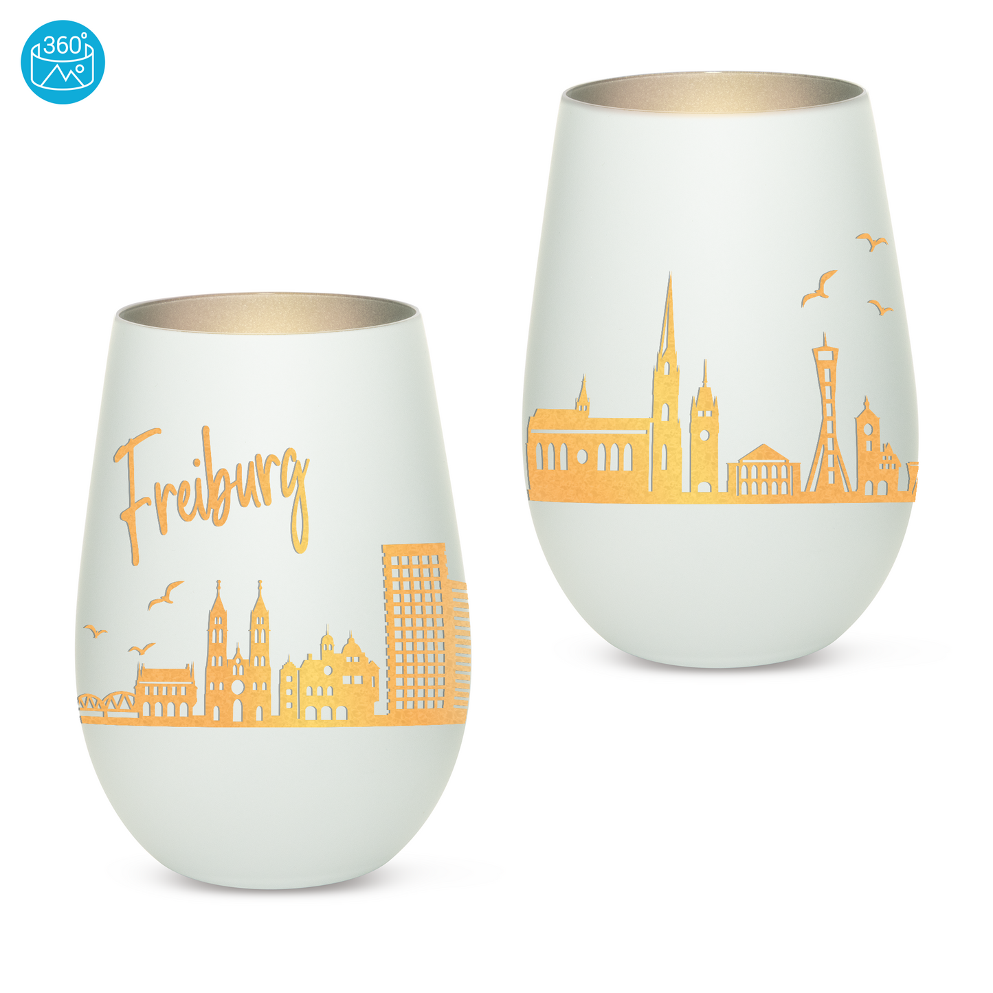 Hochwertiges Glas Windlicht mit Gravur "SKYLINE FREIBURG" in der Farbe Weiß/Silber