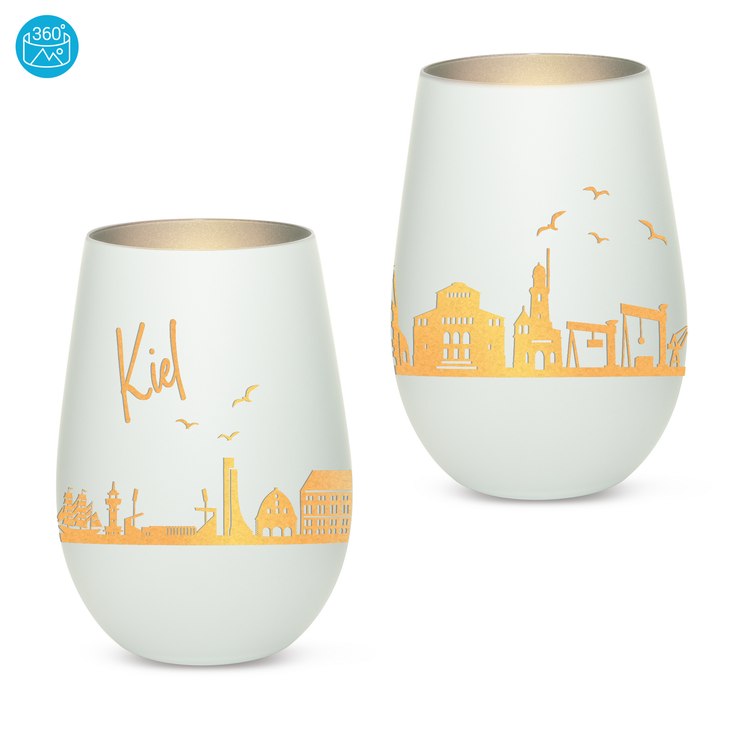 Hochwertiges Glas Windlicht mit Gravur "SKYLINE KIEL" in der Farbe Weiß/Silber