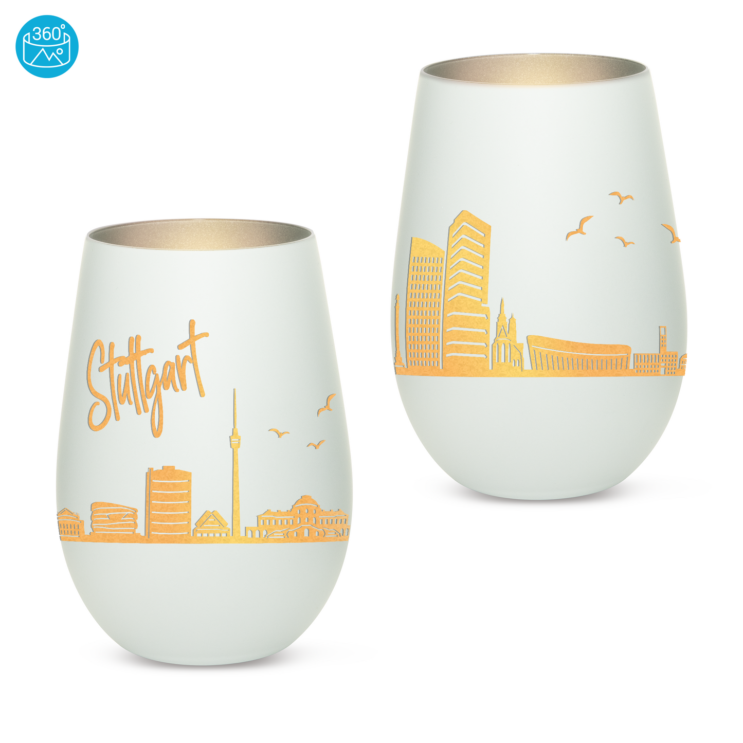 Hochwertiges Glas Windlicht mit Gravur "SKYLINE STUTTGART" in der Farbe Weiß/Silber