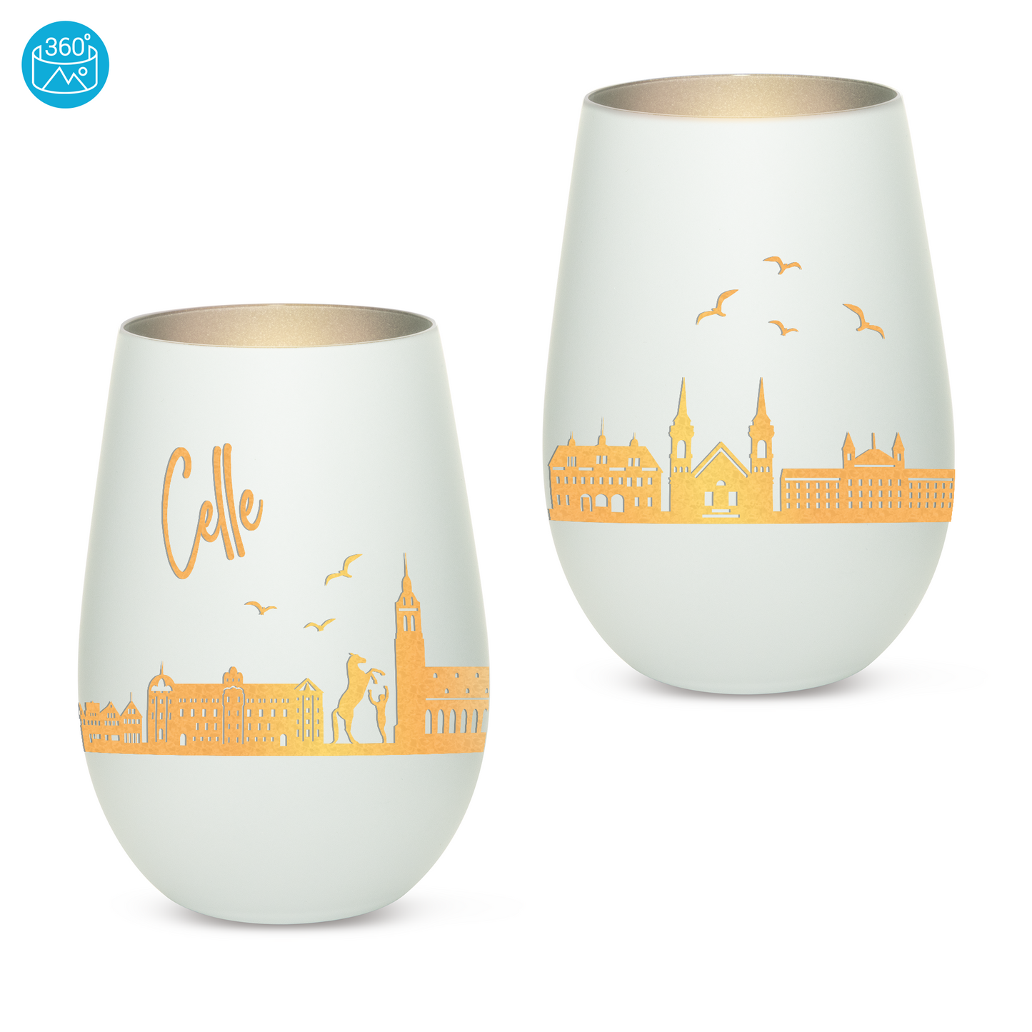 Hochwertiges Glas Windlicht mit Gravur "SKYLINE CELLE" in der Farbe Weiß/Silber