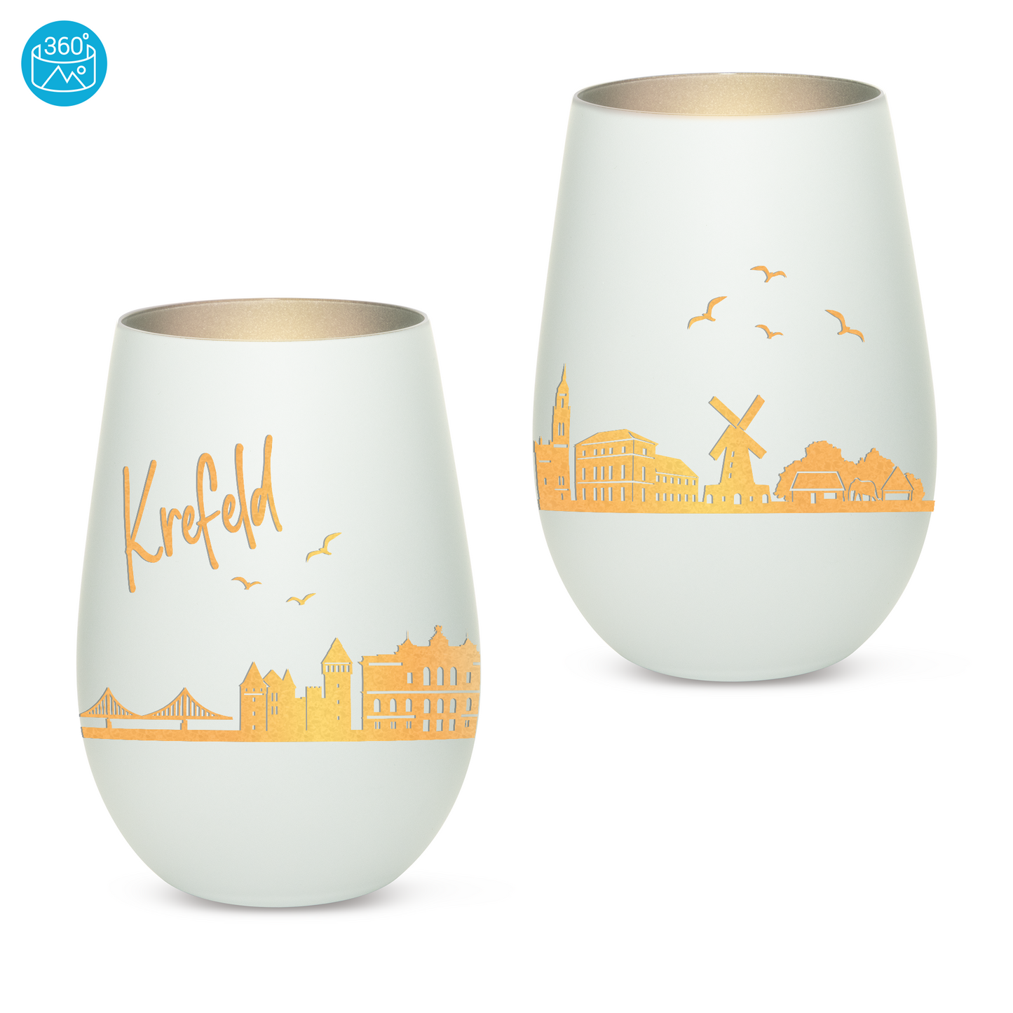 Hochwertiges Glas Windlicht mit Gravur "SKYLINE KREFELD" in der Farbe Weiß/Silber