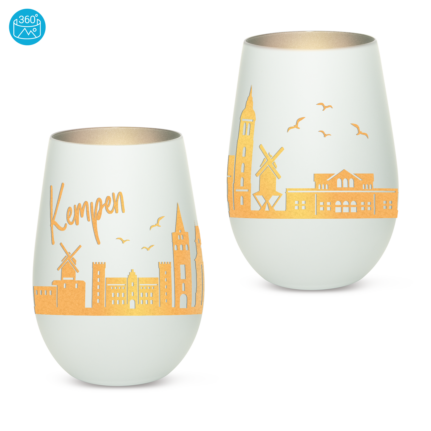 Hochwertiges Glas Windlicht mit Gravur "SKYLINE KEMPEN" in der Farbe Weiß/Silber
