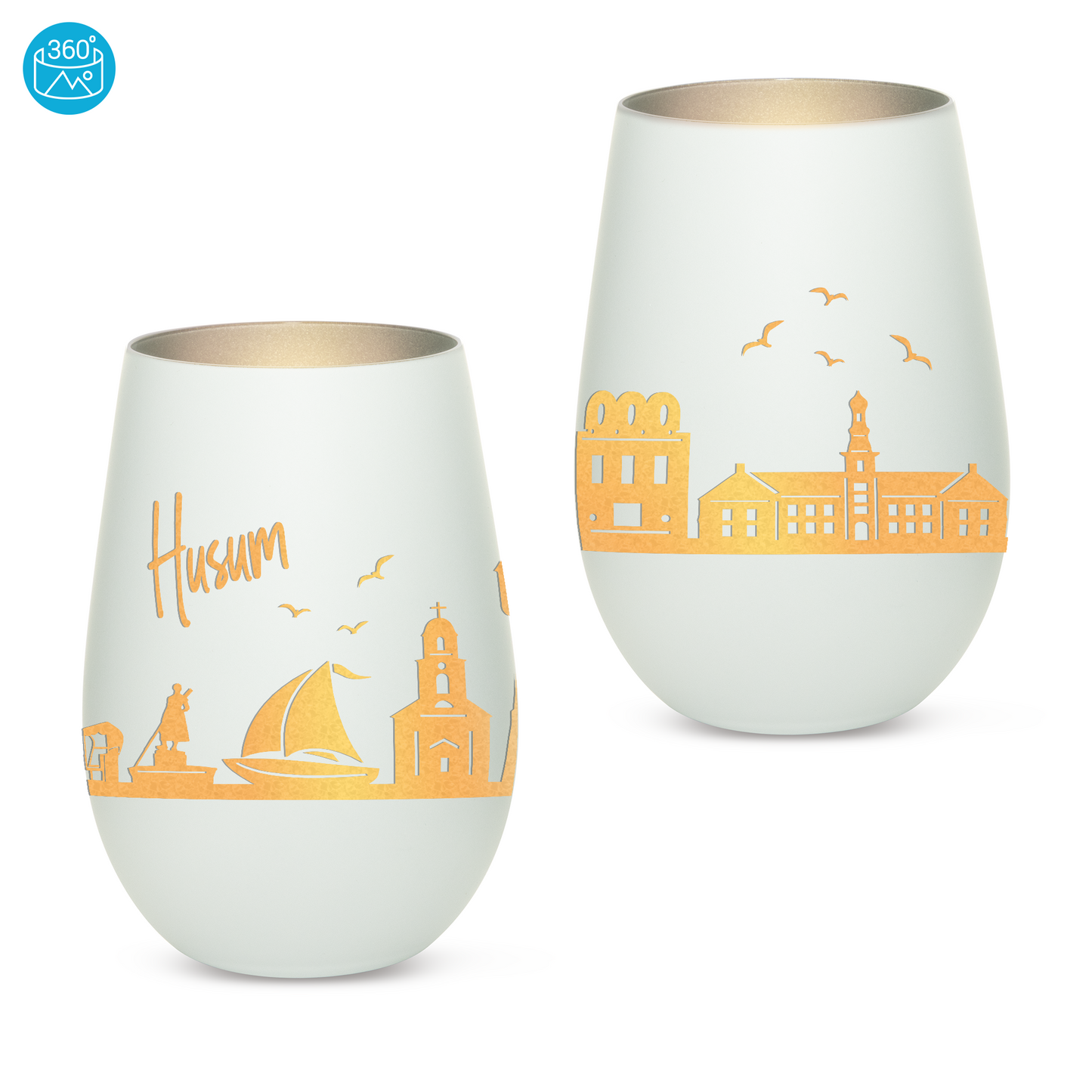 Hochwertiges Glas Windlicht mit Gravur "SKYLINE HUSUM" in der Farbe Weiß/Silber