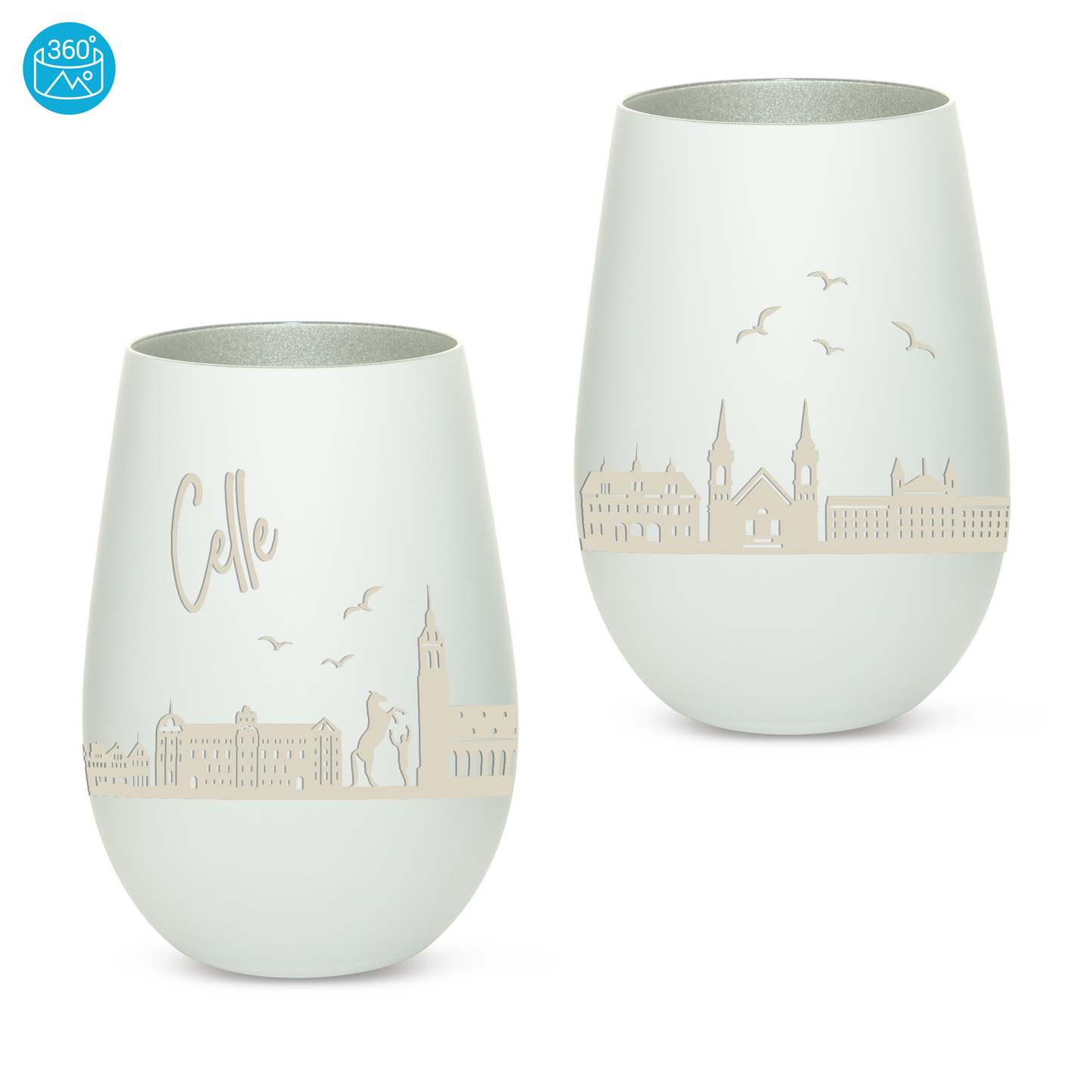 Hochwertiges Glas Windlicht mit Gravur "SKYLINE CELLE" in der Farbe Weiß/Silber