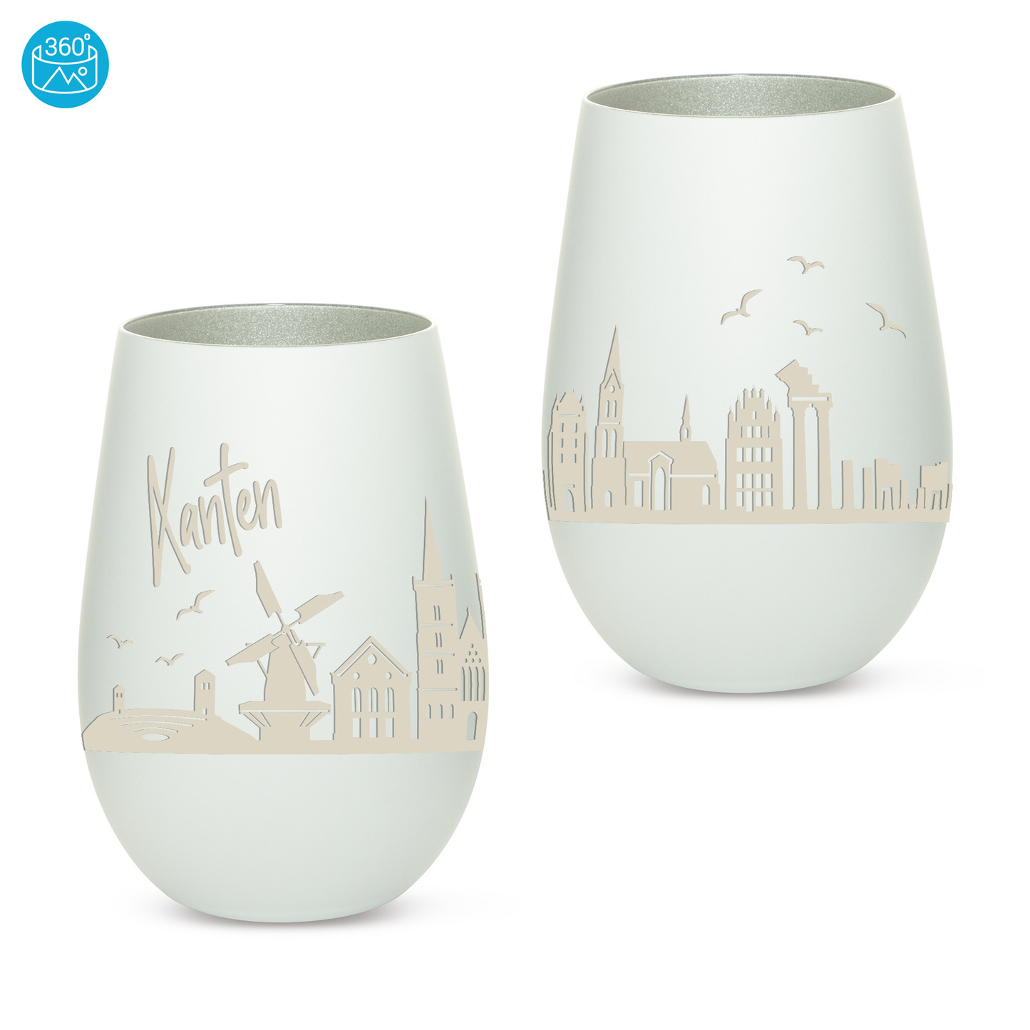 Hochwertiges Glas Windlicht mit Gravur "SKYLINE XANTEN" in der Farbe Weiß/Silber