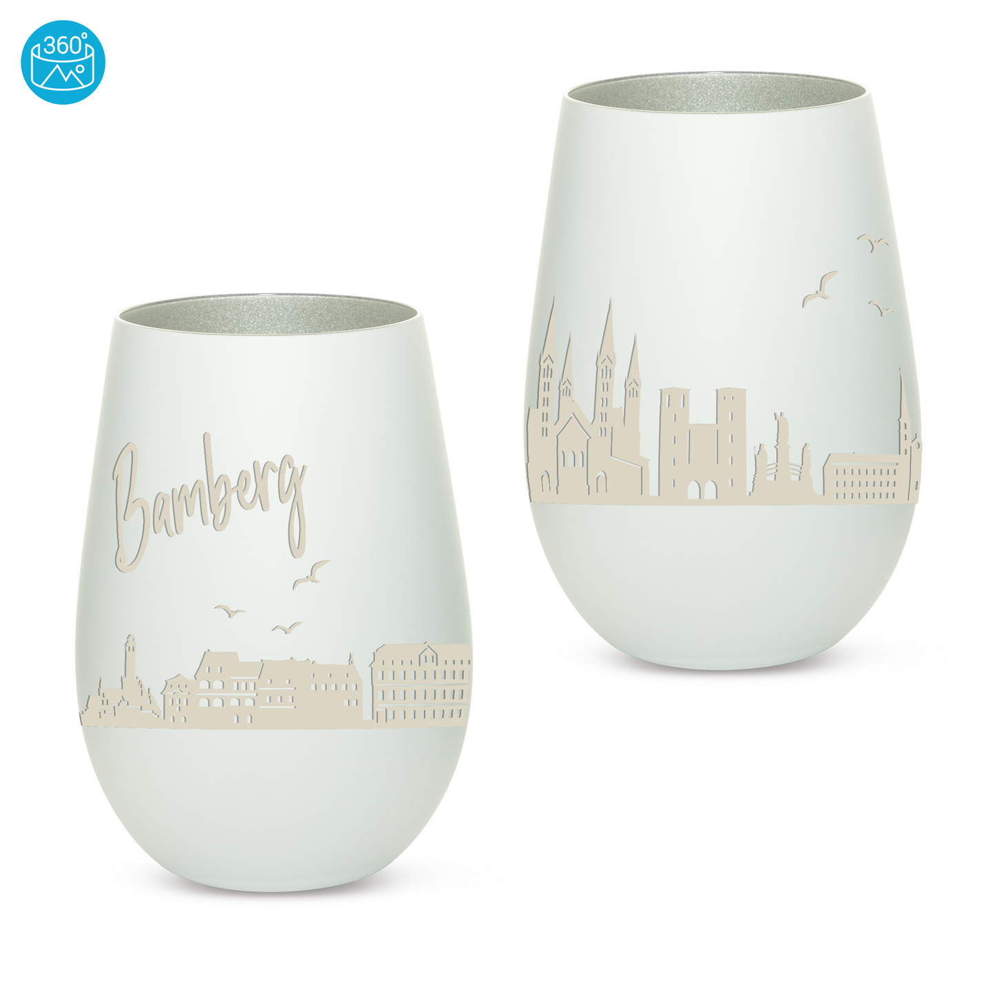 Hochwertiges Glas Windlicht mit Gravur "SKYLINE BAMBERG" in der Farbe Weiß/Silber
