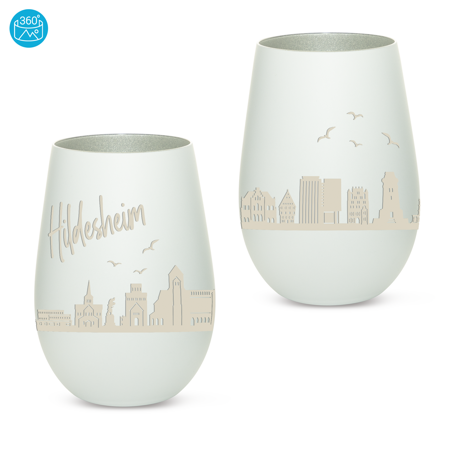 Hochwertiges Glas Windlicht mit Gravur "SKYLINE HILDESHEIM" in der Farbe Weiß/Silber