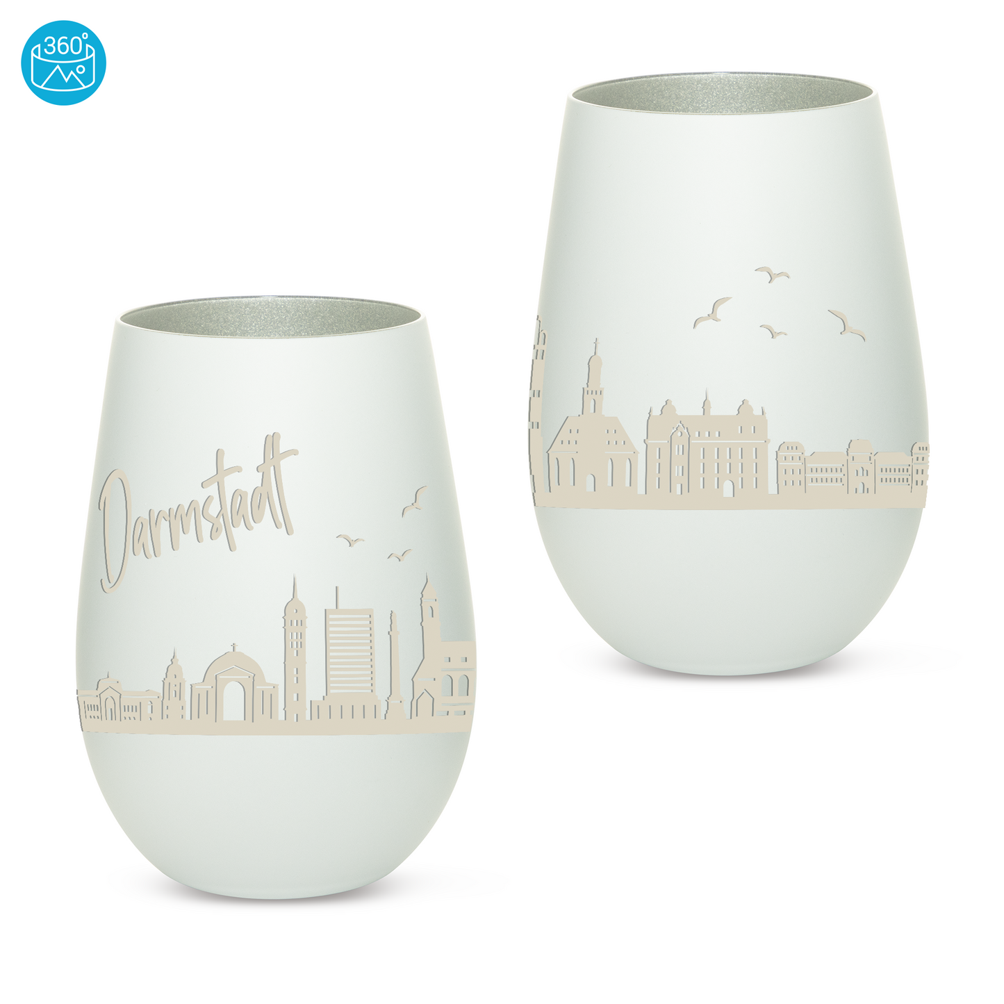 Hochwertiges Glas Windlicht mit Gravur "SKYLINE DARMSTADT" in der Farbe Weiß/Silber