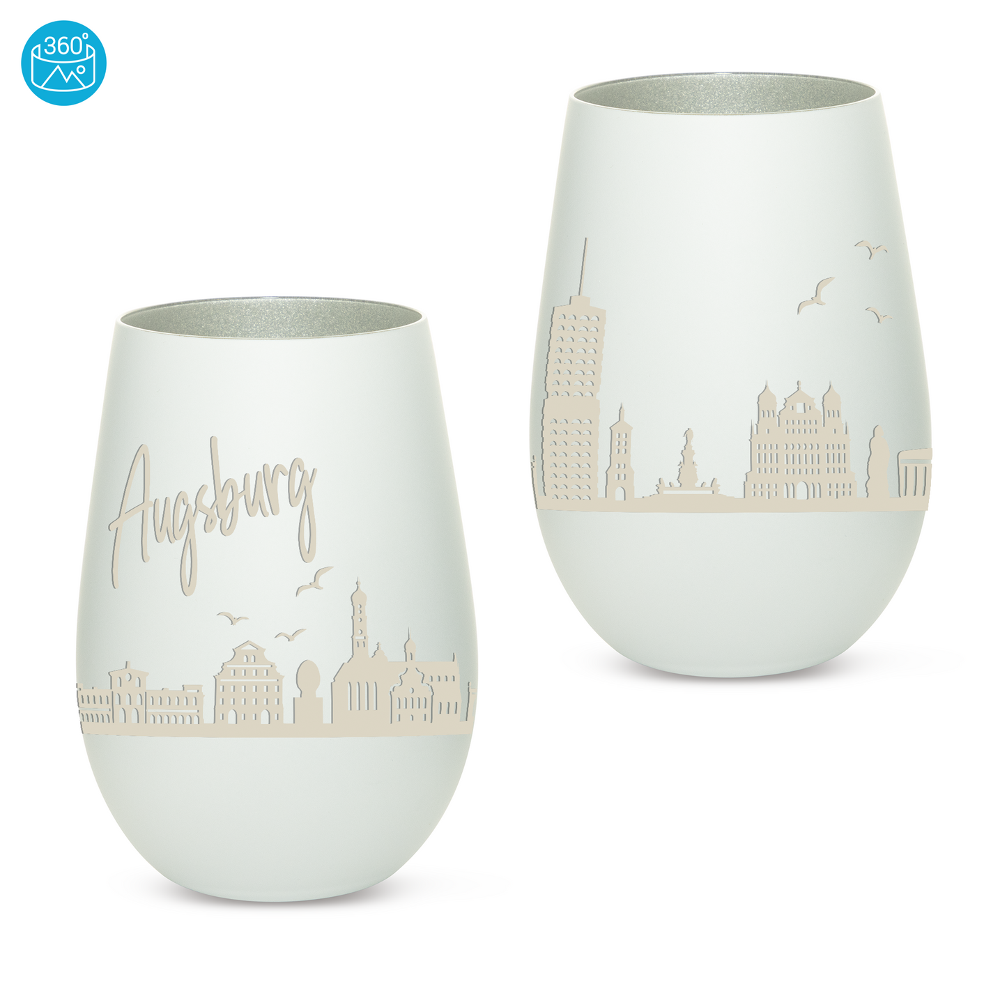 Hochwertiges Glas Windlicht mit Gravur "SKYLINE AUGSBURG" in der Farbe Weiß/Silber