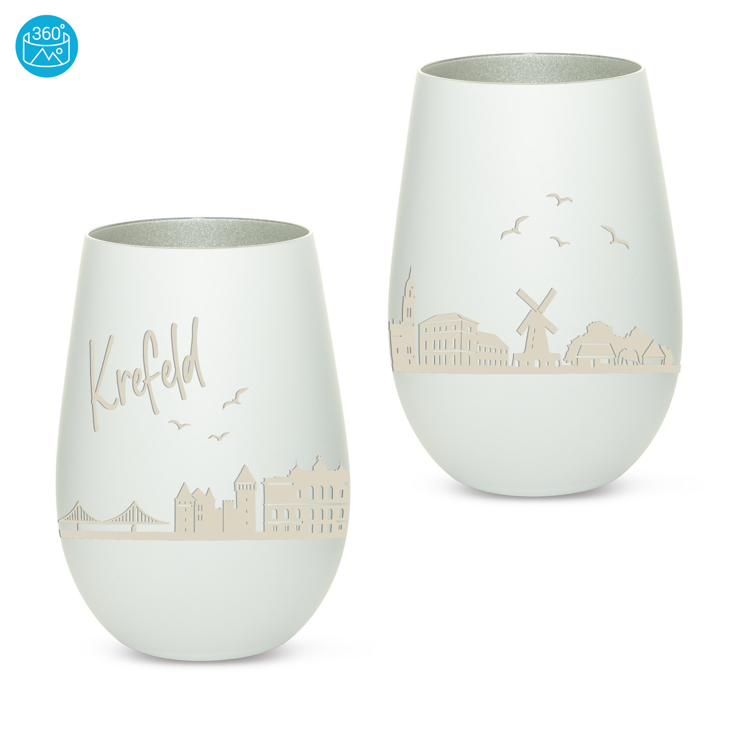 Hochwertiges Glas Windlicht mit Gravur "SKYLINE KREFELD" in der Farbe Weiß/Silber