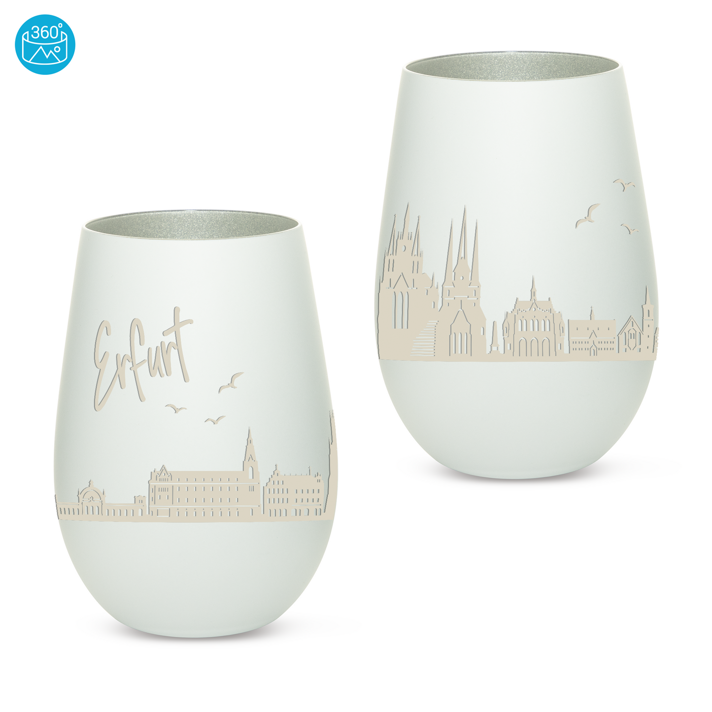 Hochwertiges Glas Windlicht mit Gravur "SKYLINE ERFURT" in der Farbe Weiß/Silber