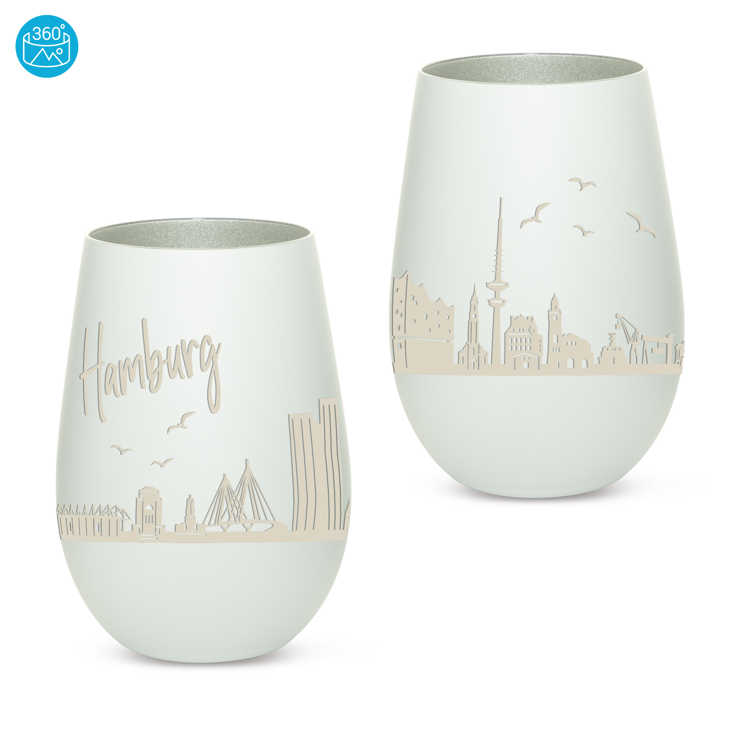 Hochwertiges Glas Windlicht mit Gravur "SKYLINE HAMBURG" in der Farbe Weiß/Silber