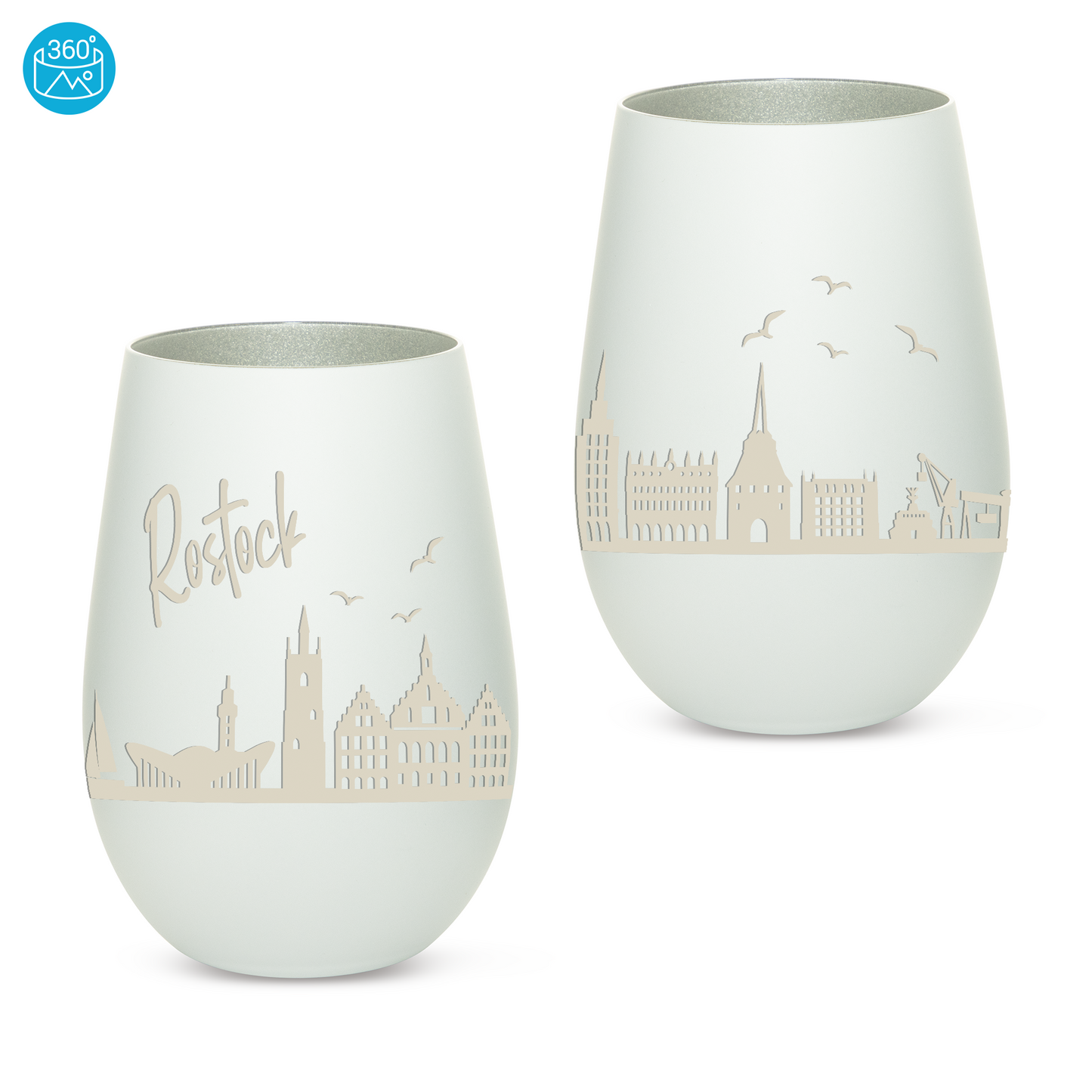 Hochwertiges Glas Windlicht mit Gravur "SKYLINE ROSTOCK" in der Farbe Weiß/Silber