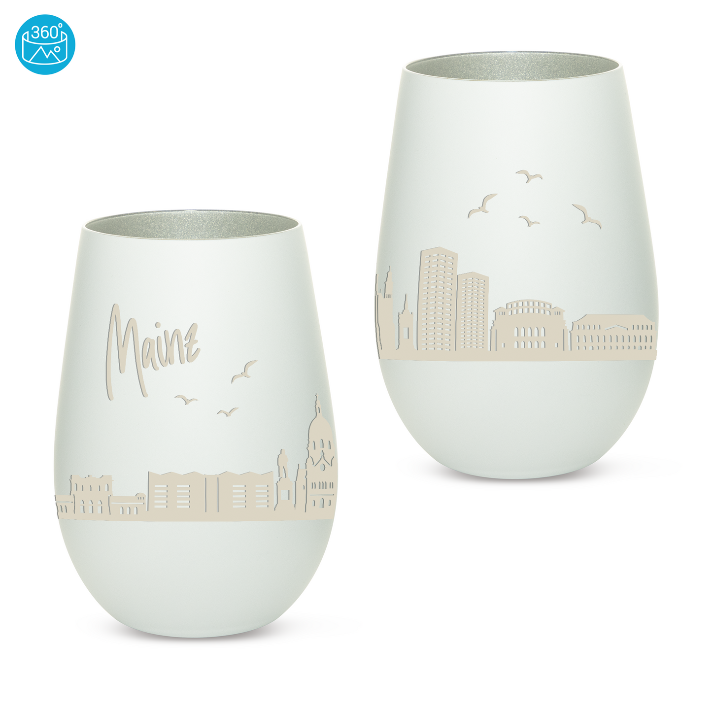 Hochwertiges Glas Windlicht mit Gravur "SKYLINE MAINZ" in der Farbe Weiß/Silber